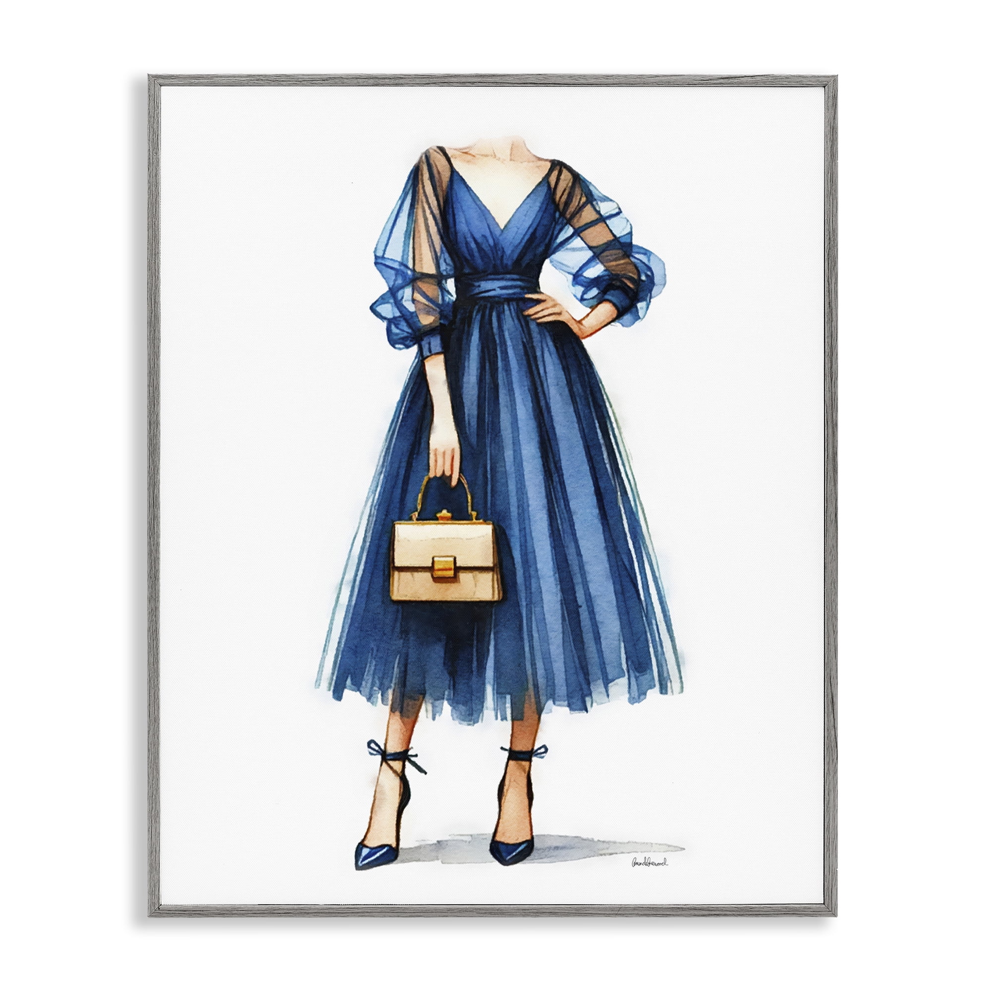 Stupell Industries Glam Blue Fashion Gown Fashion Painting Gray Framed Art Print Wall Art, 24 x 30