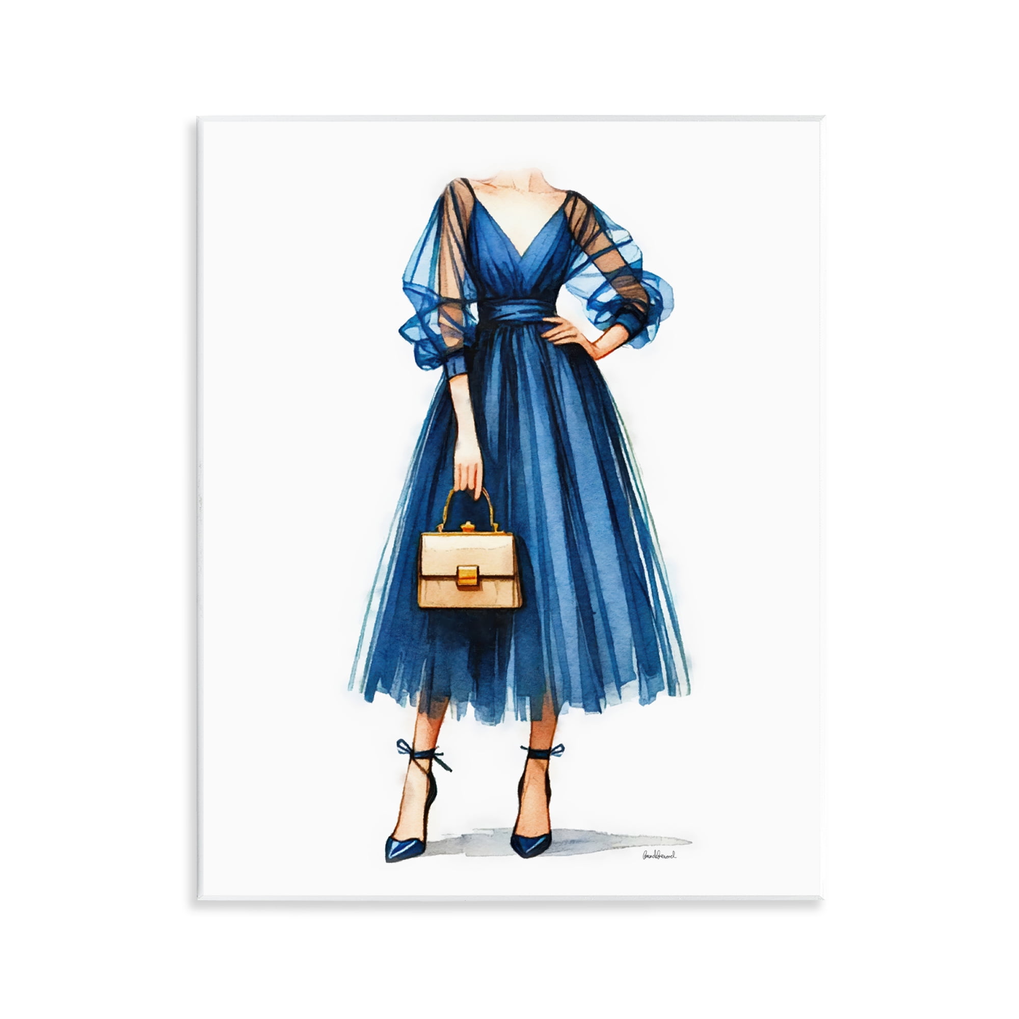 Stupell Industries Glam Blue Fashion Gown Fashion Painting Unframed Art Print Wall Art, 11 x 14
