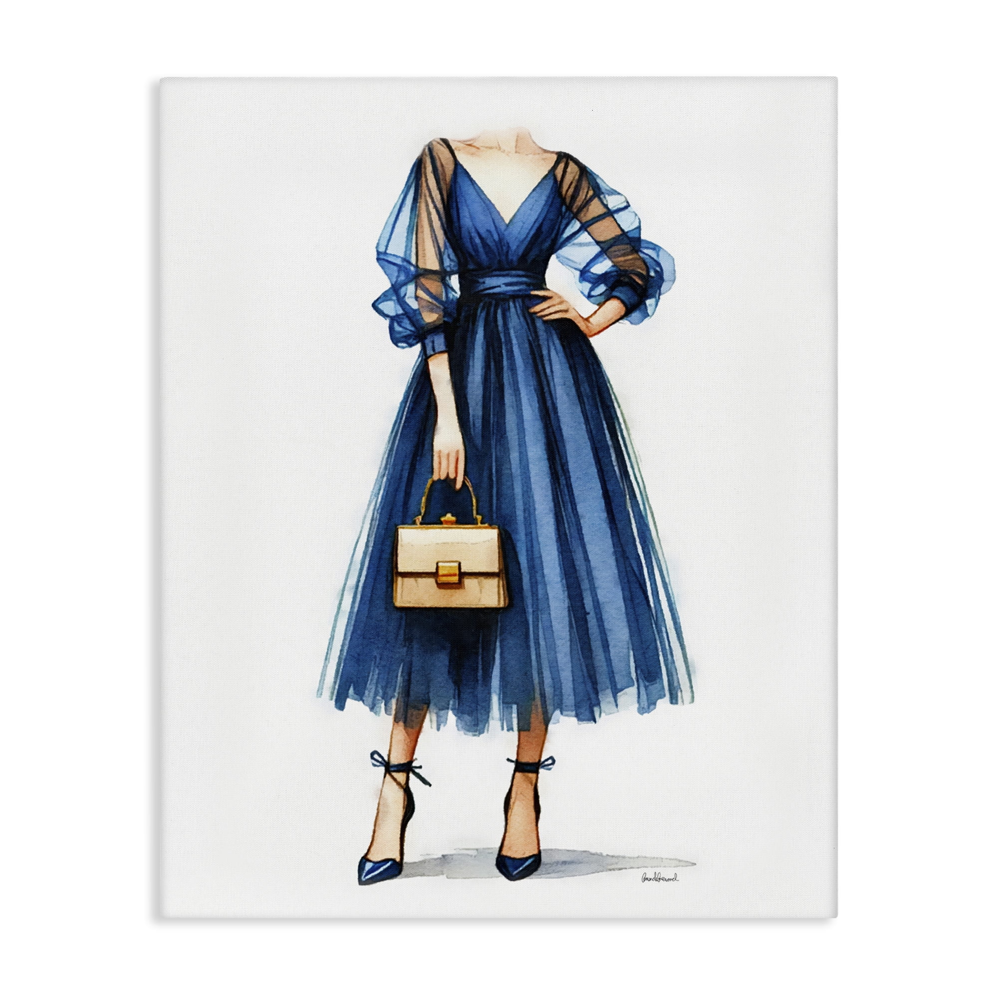 Stupell Industries Glam Blue Fashion Gown Fashion Painting Wrapped Canvas Art Print Wall Art, 36 x 48