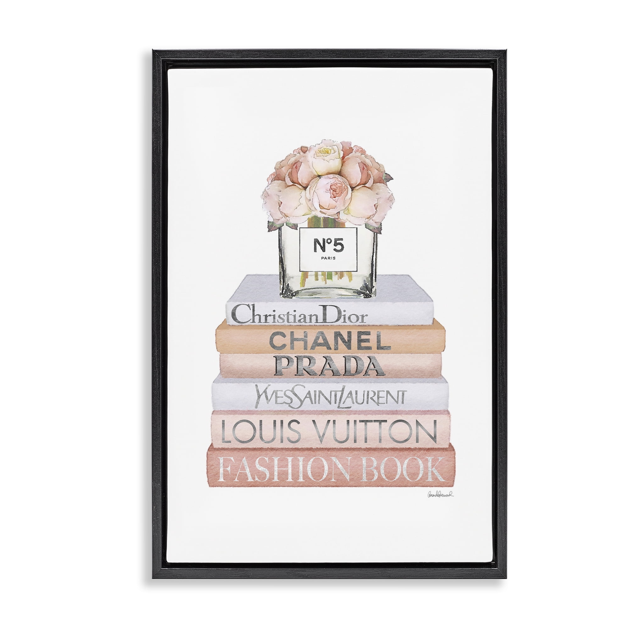 Stupell Industries Glam Bookstack & Flowers Botanical & Floral Painting Black Floater Framed Art Print Wall Art, 21 x 31