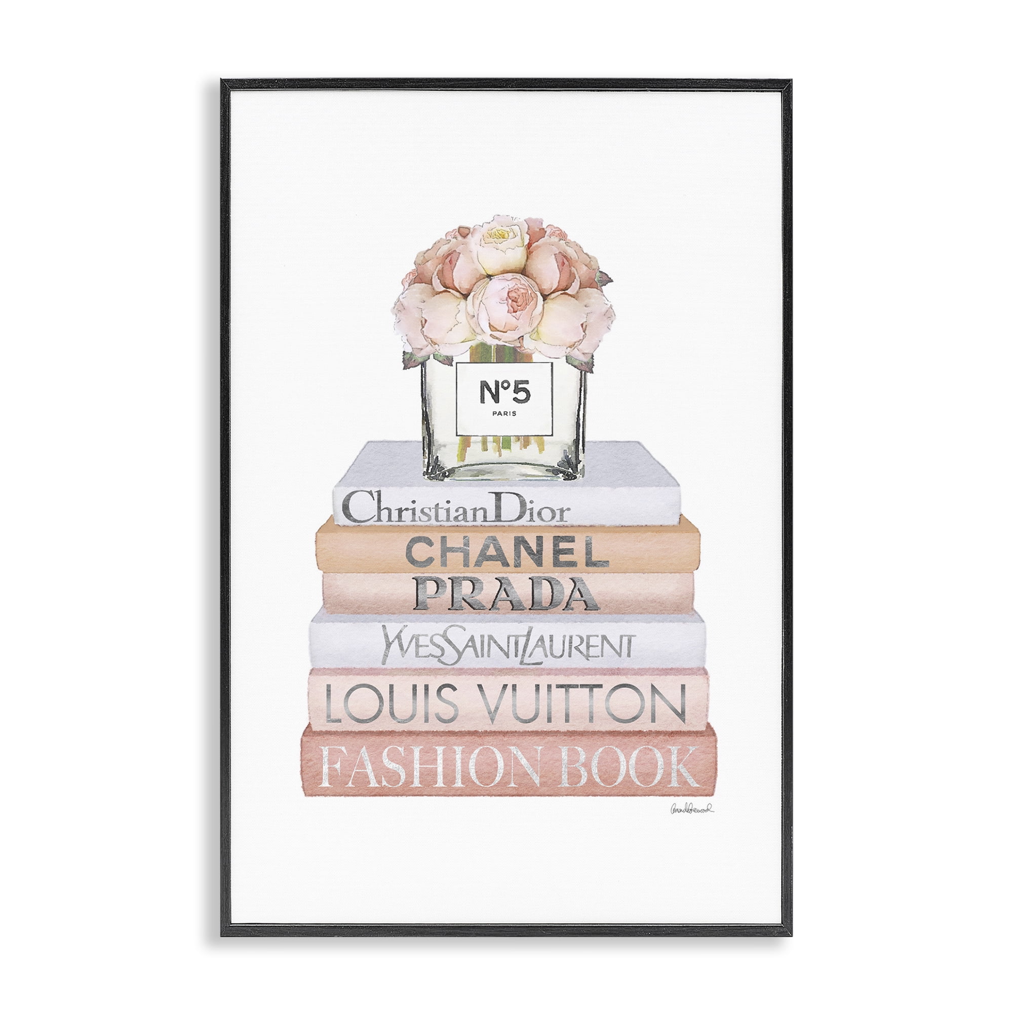 Stupell Industries Glam Bookstack & Flowers Botanical & Floral Painting Black Framed Art Print Wall Art, 20 x 30