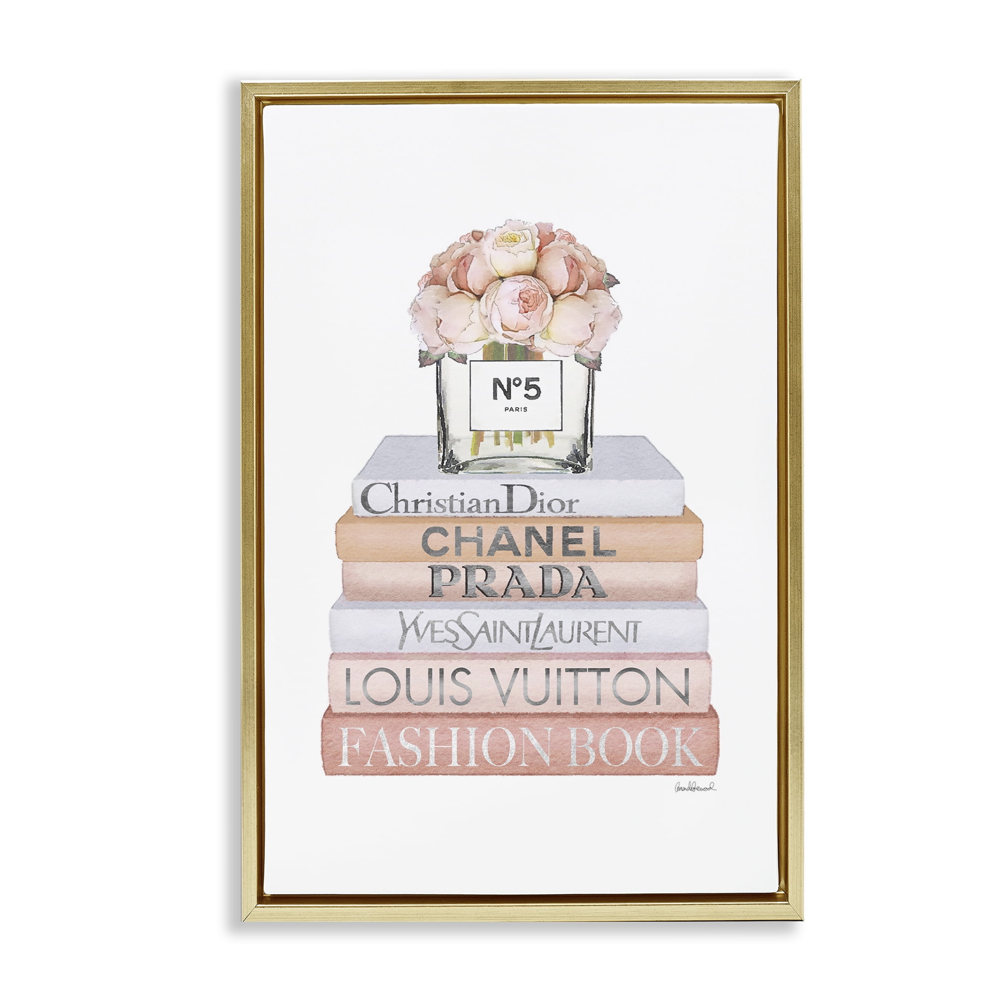 Stupell Industries Glam Bookstack & Flowers Botanical & Floral Painting Gold Floater Framed Art Print Wall Art, 21 x 31