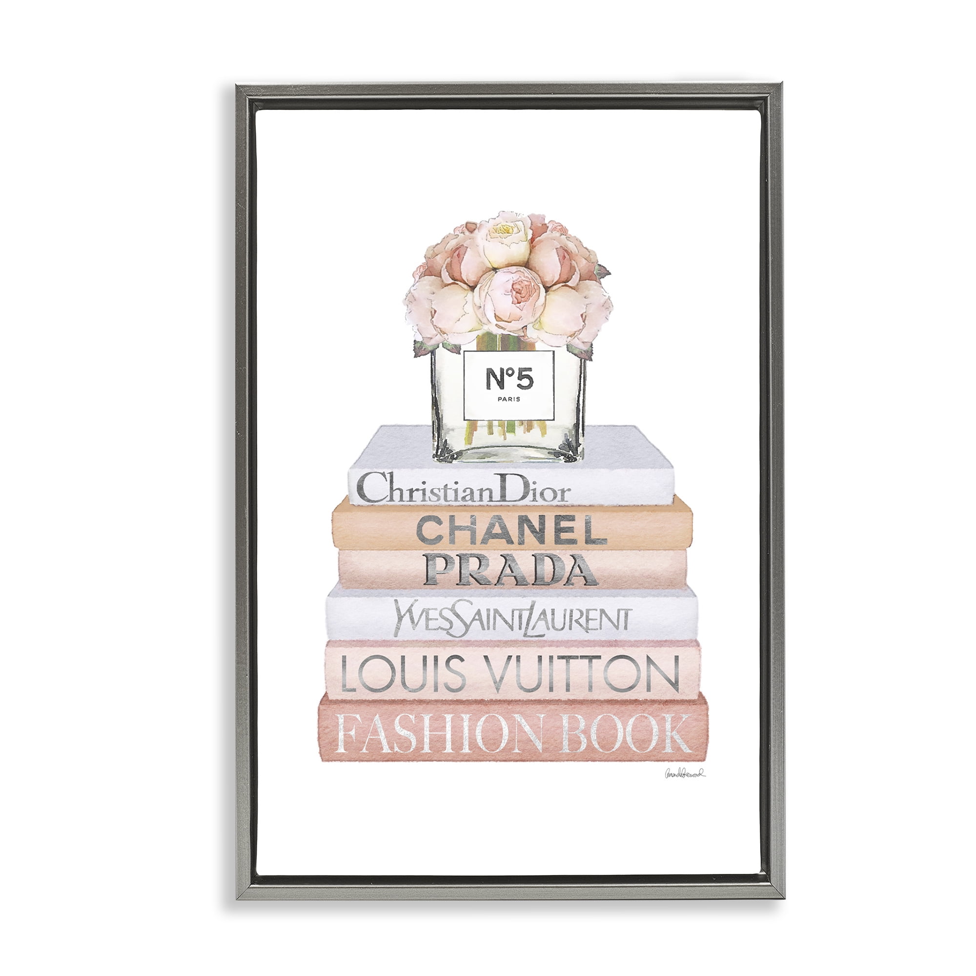 Stupell Industries Glam Bookstack & Flowers Botanical & Floral Painting Gray Floater Framed Art Print Wall Art, 21 x 31