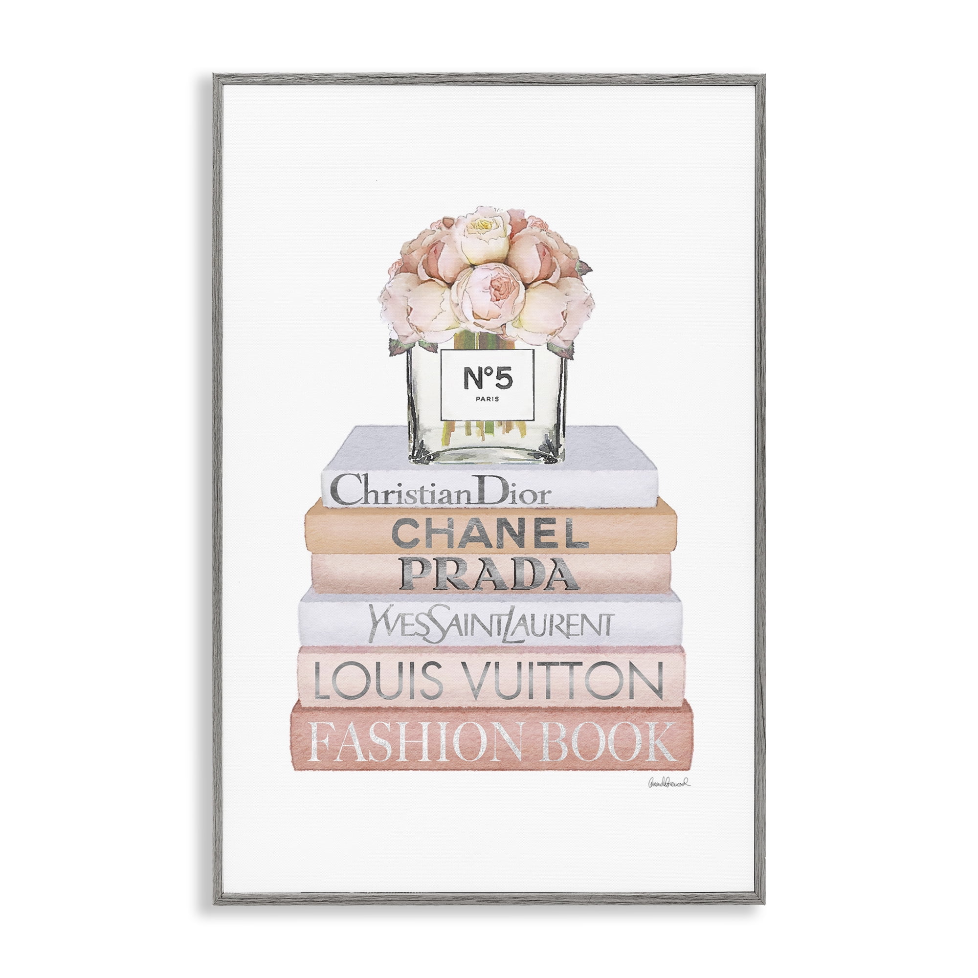 Stupell Industries Glam Bookstack & Flowers Botanical & Floral Painting Gray Framed Art Print Wall Art, 12 x 18