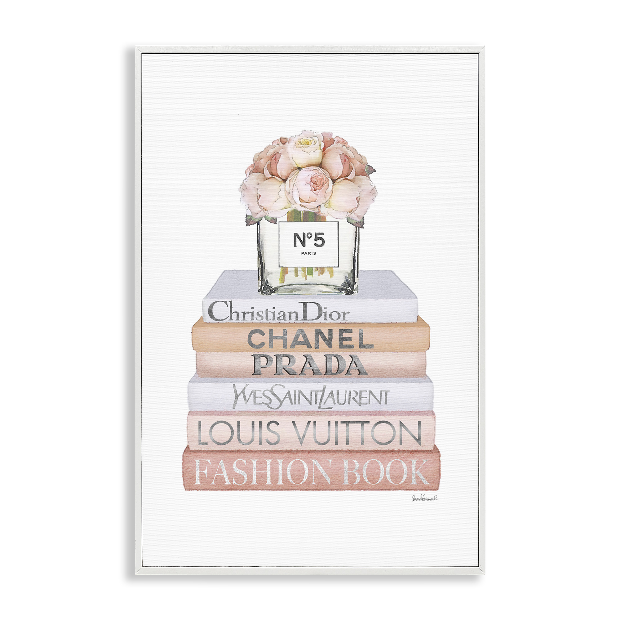 Stupell Industries Glam Bookstack & Flowers Botanical & Floral Painting White Framed Art Print Wall Art, 16 x 24