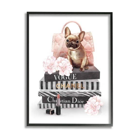 Stupell Industries Glam Bookstack Quilted Pink Purse French Bulldog Beauty & Fashion Painting Black Framed Art Print Wall Art, 11 x 14