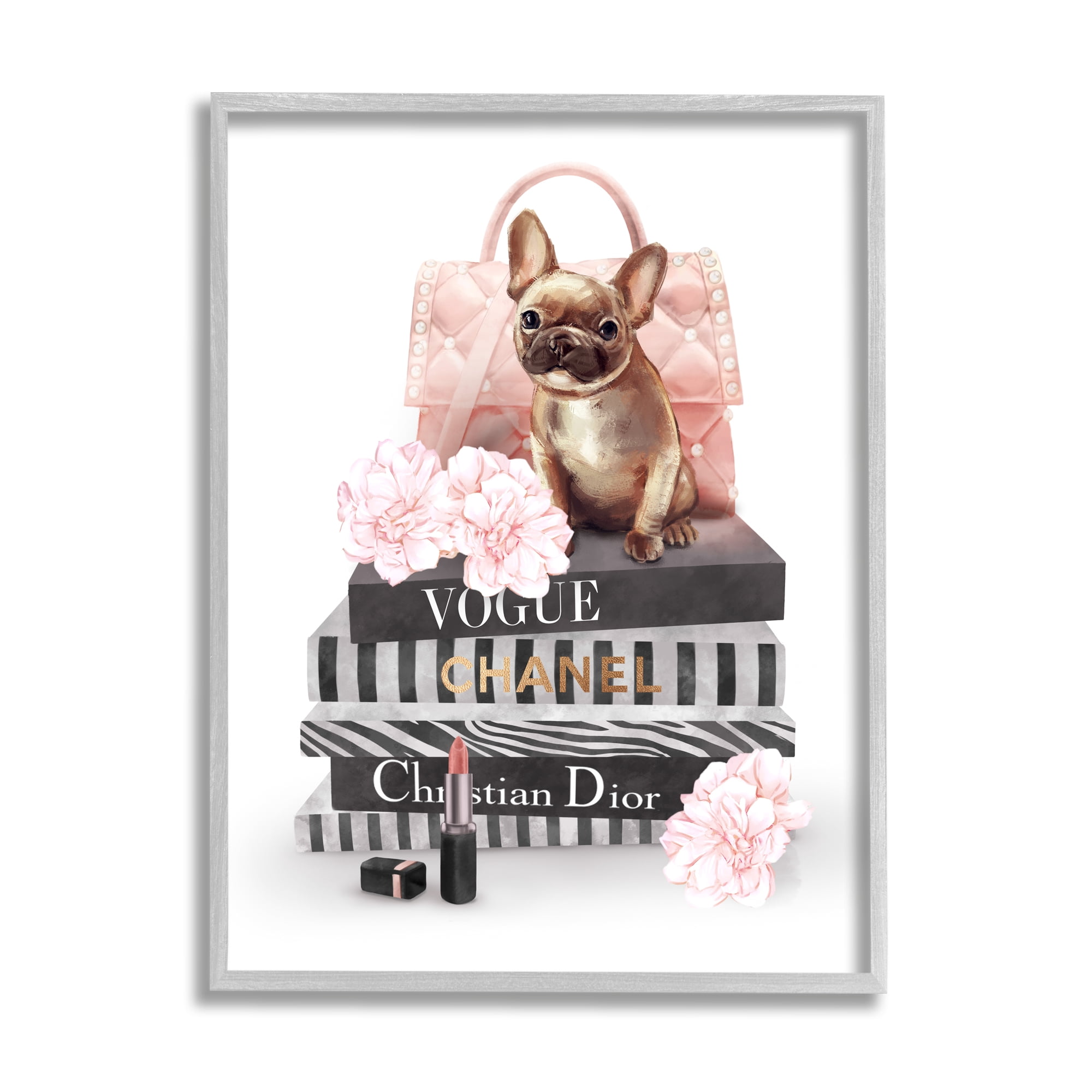 Stupell Industries Glam Bookstack Quilted Pink Purse French Bulldog Beauty & Fashion Painting Gray Framed Art Print Wall Art, 16 x 20