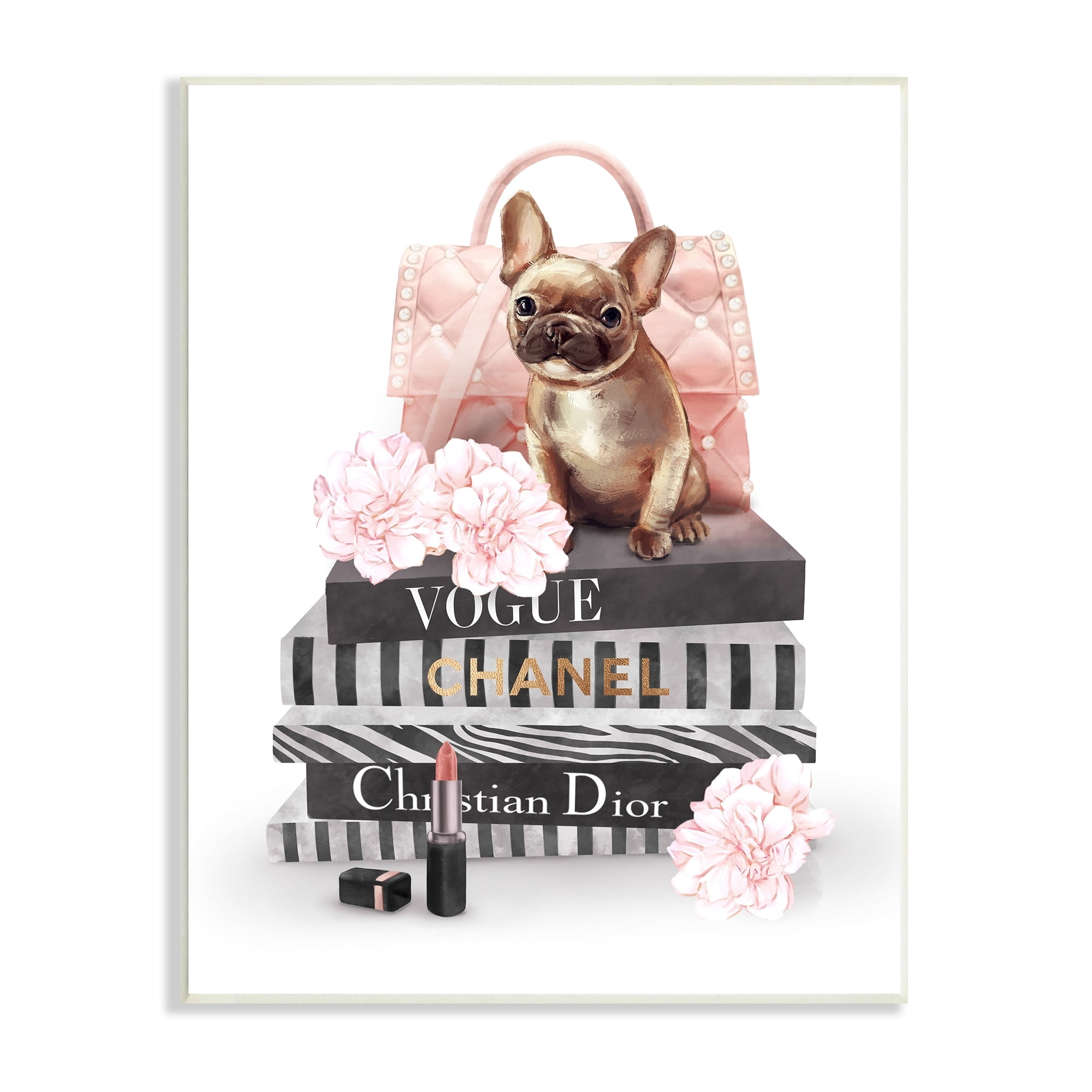 Stupell Industries Glam Bookstack Quilted Pink Purse French Bulldog Beauty & Fashion Painting Unframed Art Print Wall Art, 10 x 15