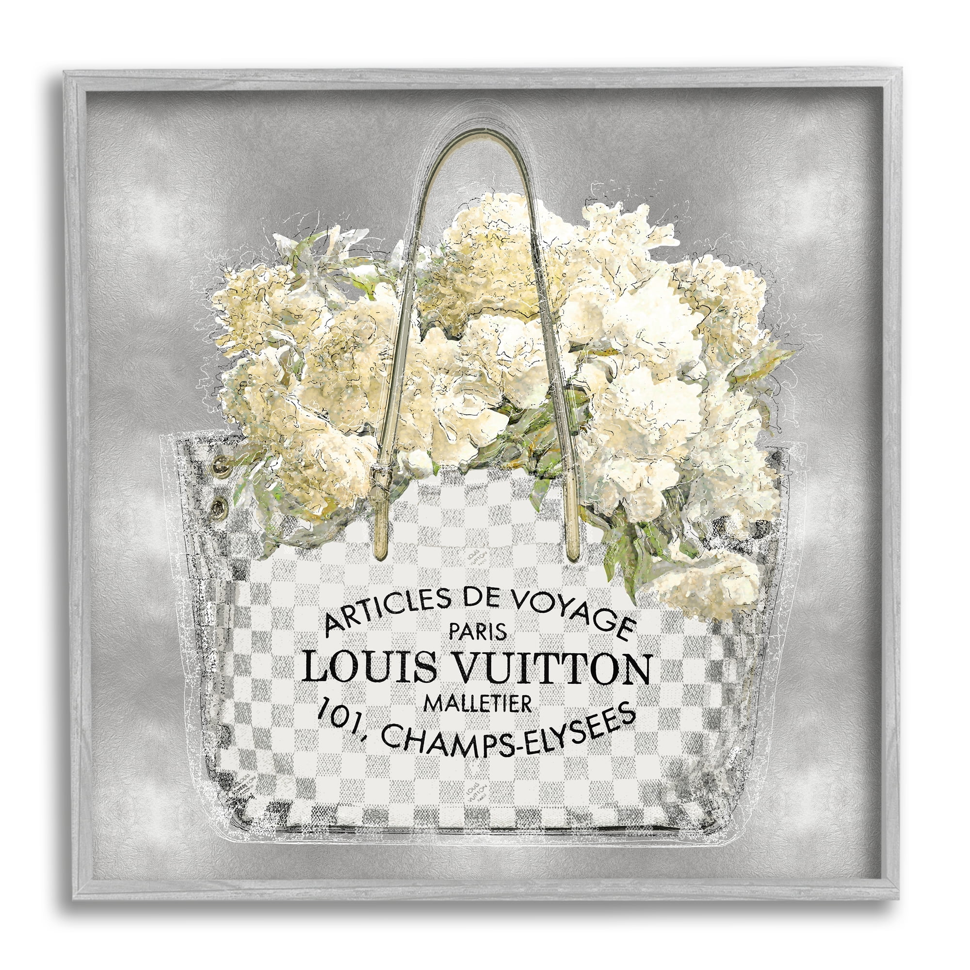 Stupell Industries Glam Bouquet in Purse Botanical & Floral Painting Gray Framed Art Print Wall Art, 17 x 17
