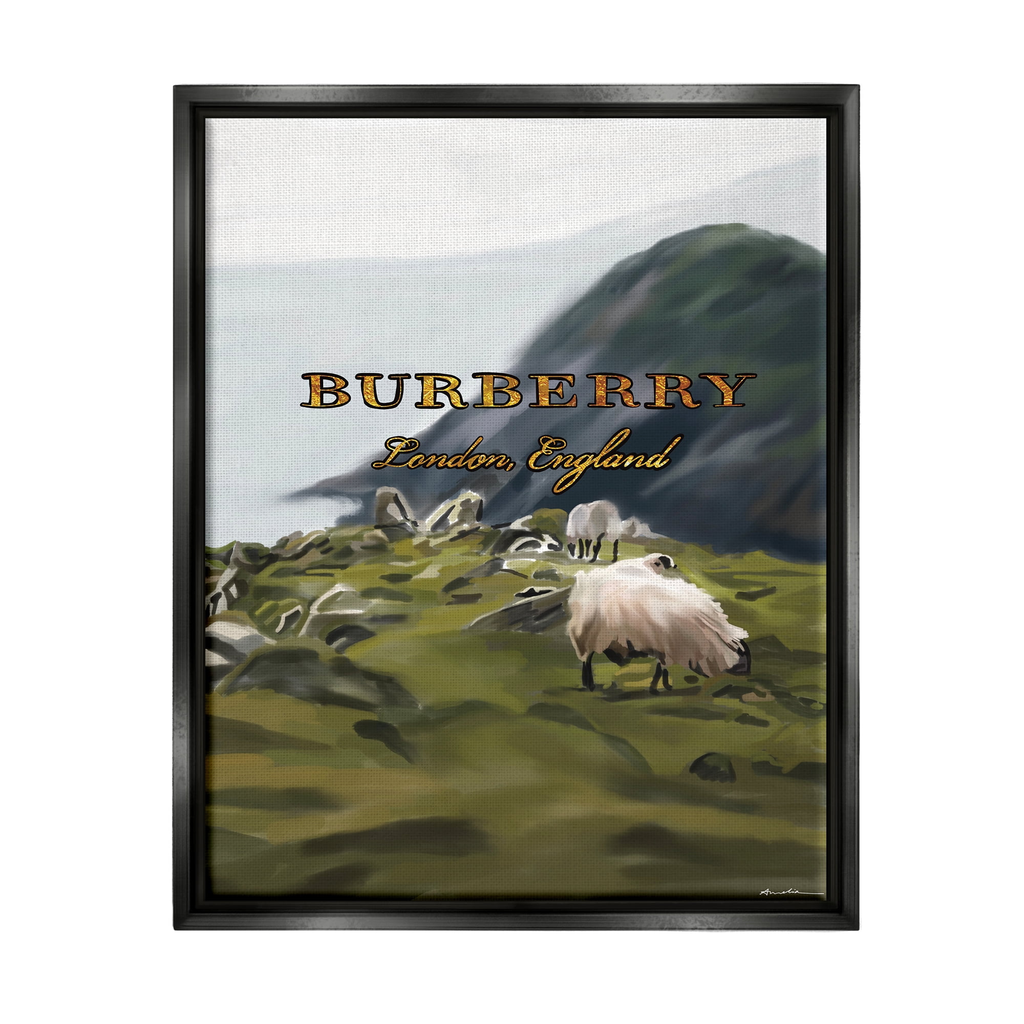 Black Framed Landscape Canvas Print with Sheep and Hills