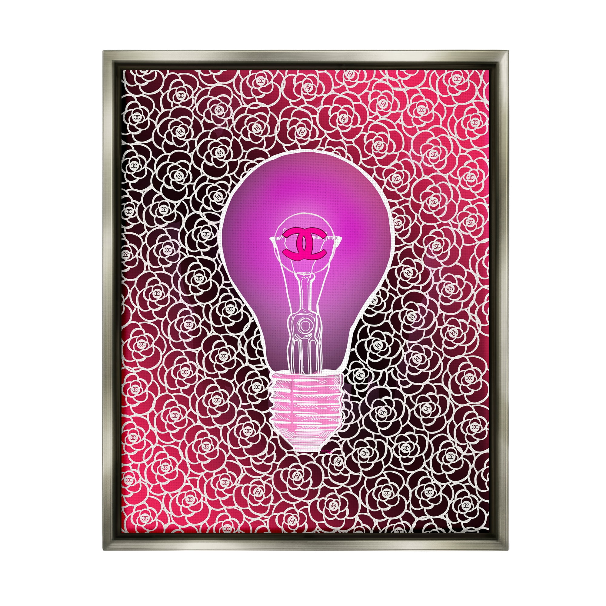 Stupell Industries Glam Brand Lightbulb Pattern Beauty & Fashion Painting Gray Floater Framed Canvas Art Print Wall Art, 25 x 31