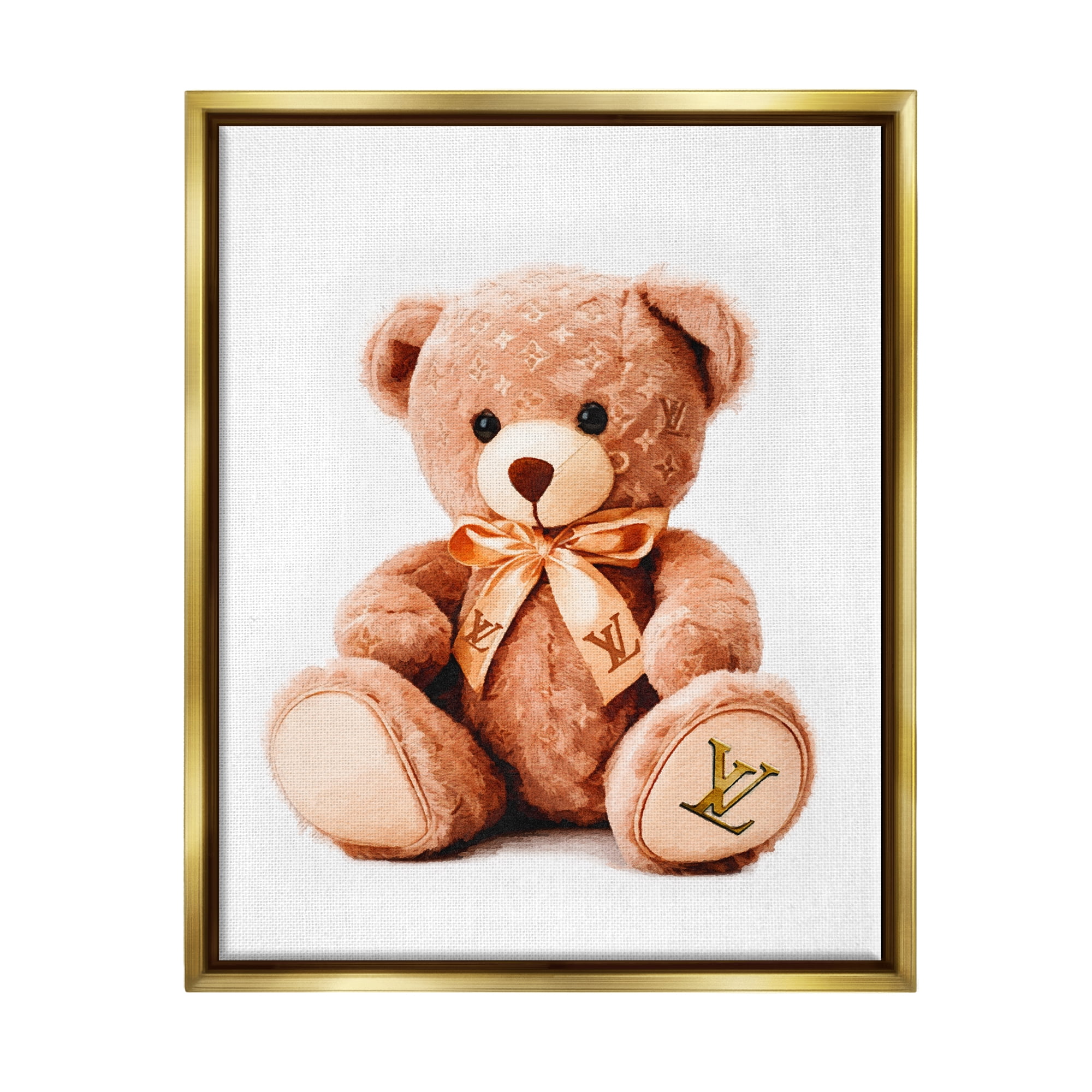 Stupell Industries Glam Brand Teddy Bear Beauty & Fashion Painting Gold Floater Framed Canvas Art Print Wall Art, 17 x 21
