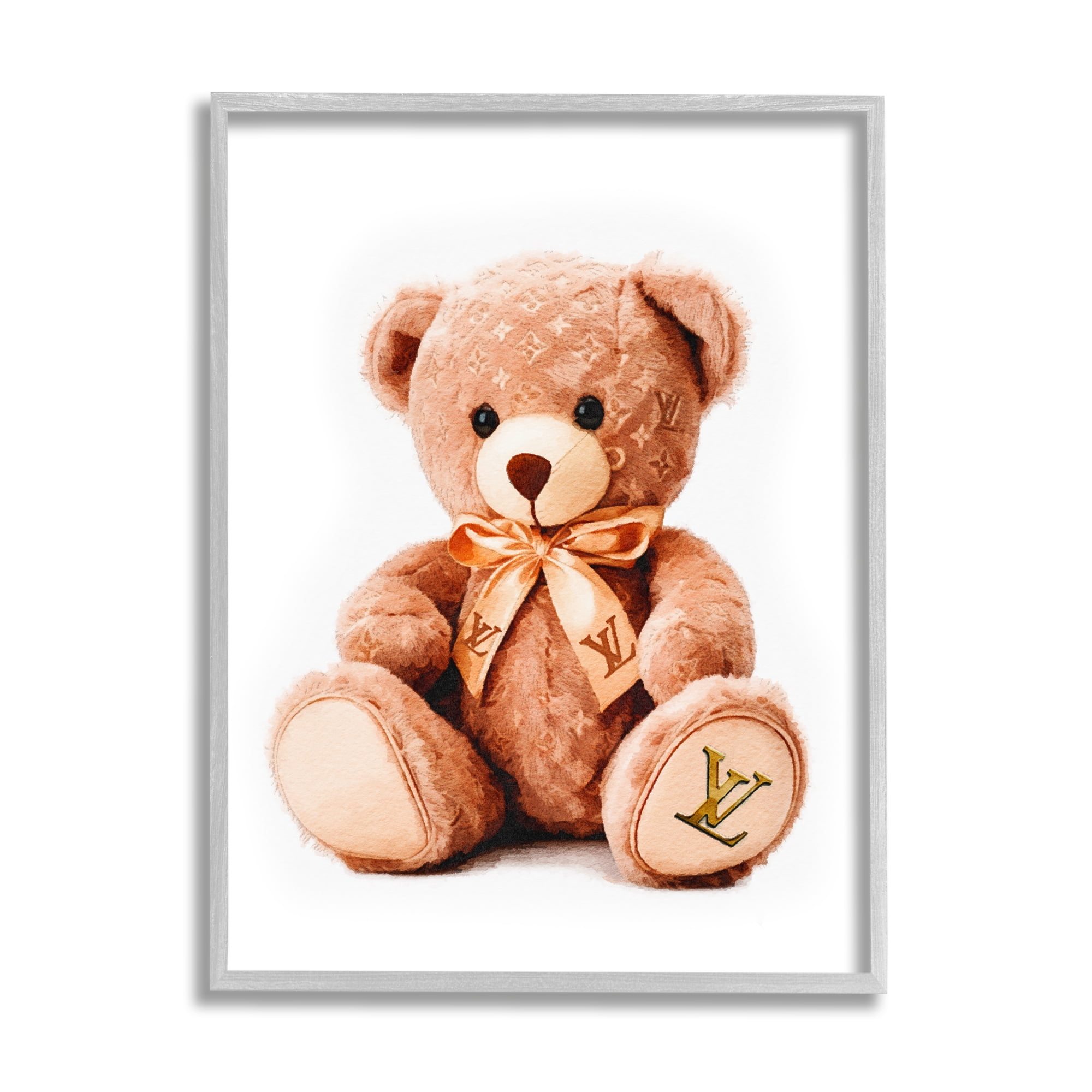 Stupell Industries Glam Brand Teddy Bear Beauty & Fashion Painting Gray Framed Art Print Wall Art, 24 x 30