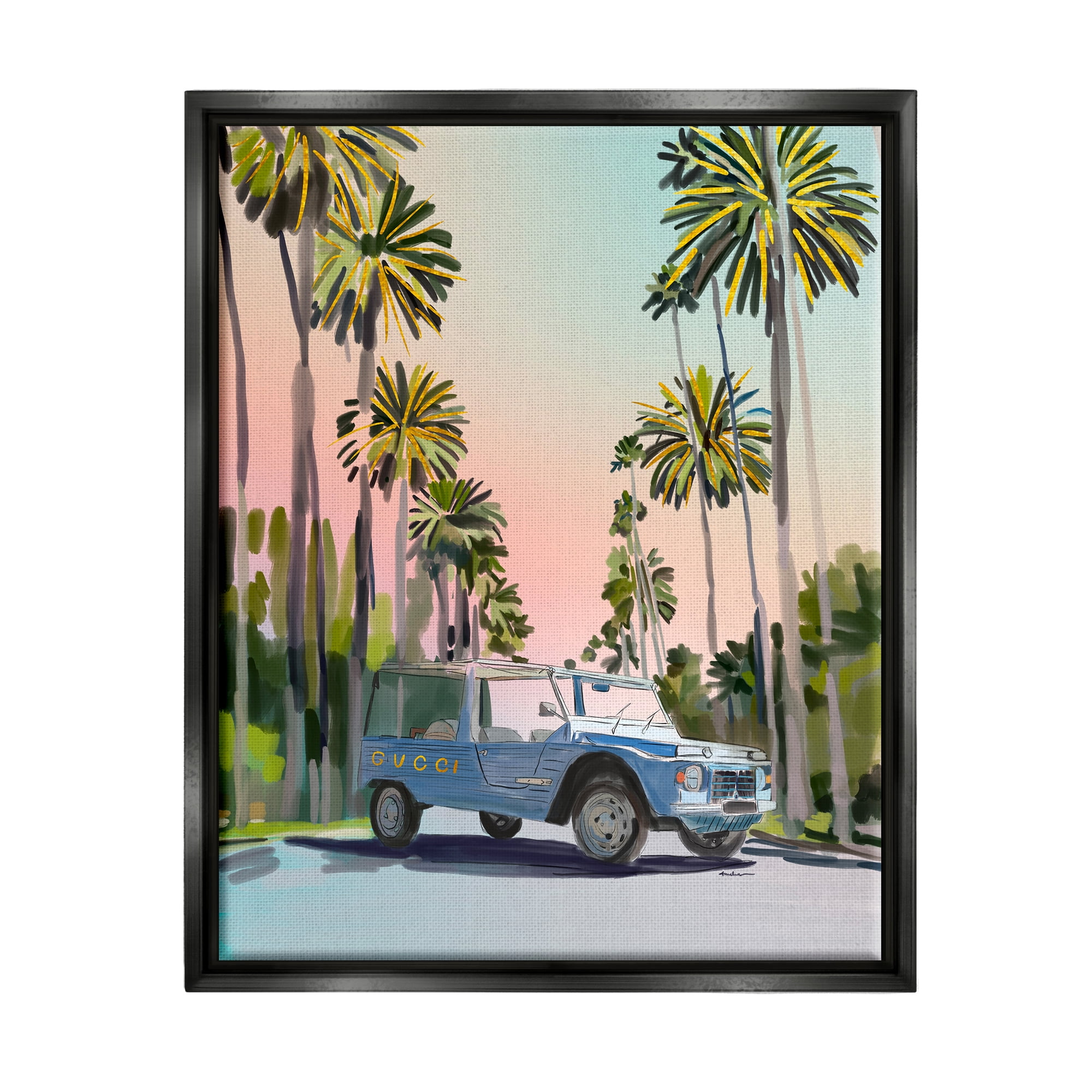 Stupell Industries Glam Brand Tropical Truck Transportation Painting Black Floater Framed Canvas Art Print Wall Art, 25 x 31