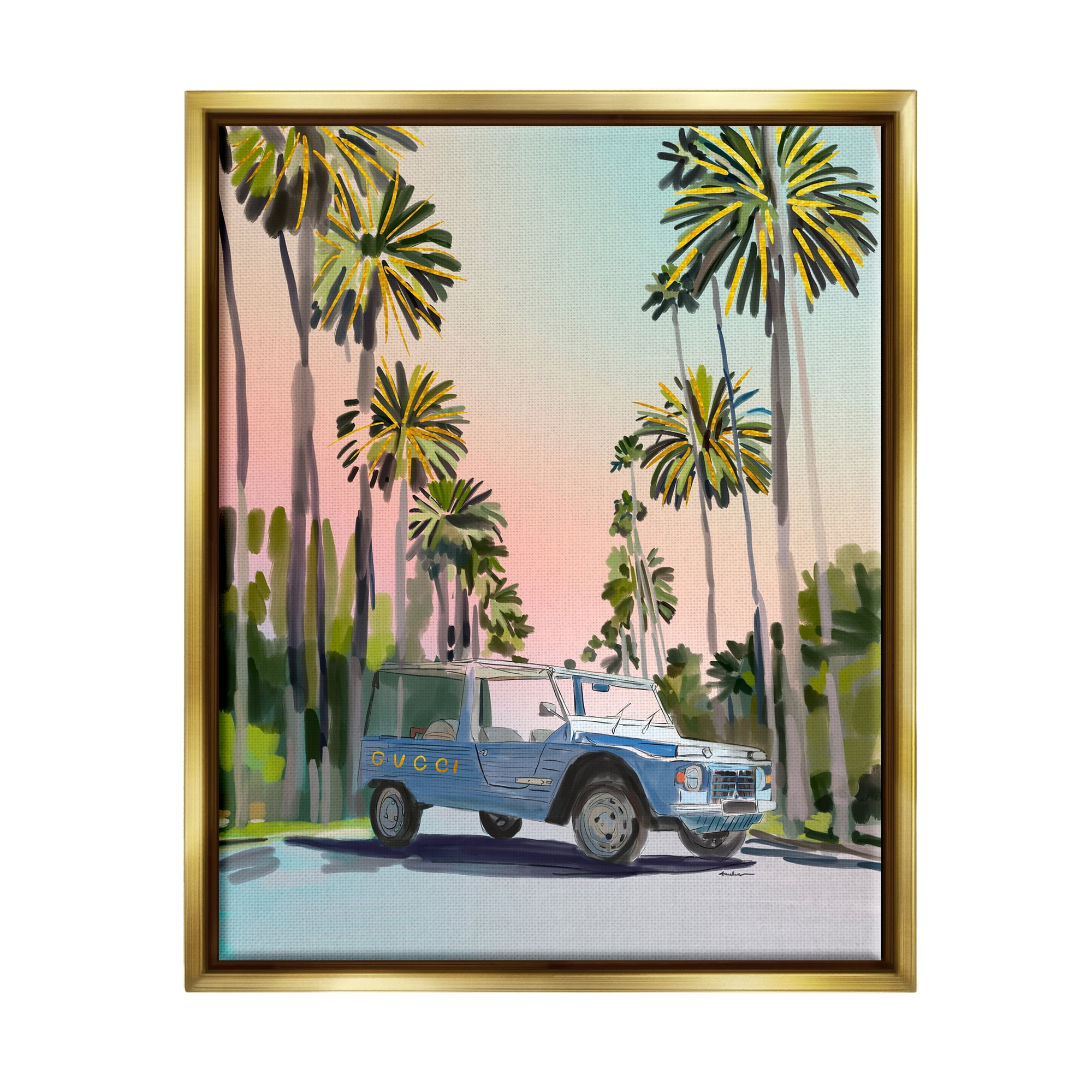 Stupell Industries Glam Brand Tropical Truck Transportation Painting Gold Floater Framed Canvas Art Print Wall Art, 17 x 21