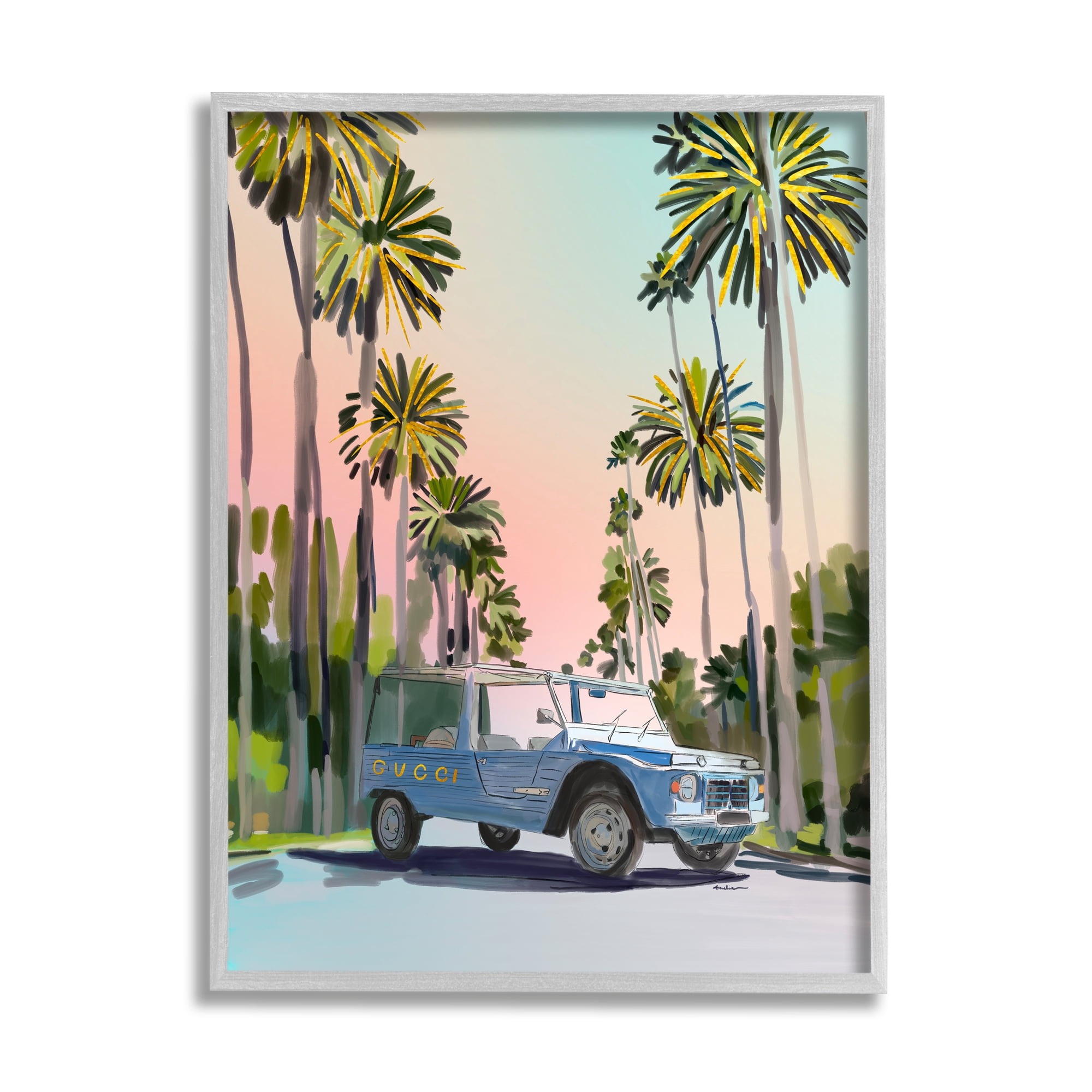 Stupell Industries Glam Brand Tropical Truck Transportation Painting Gray Framed Art Print Wall Art, 24 x 30