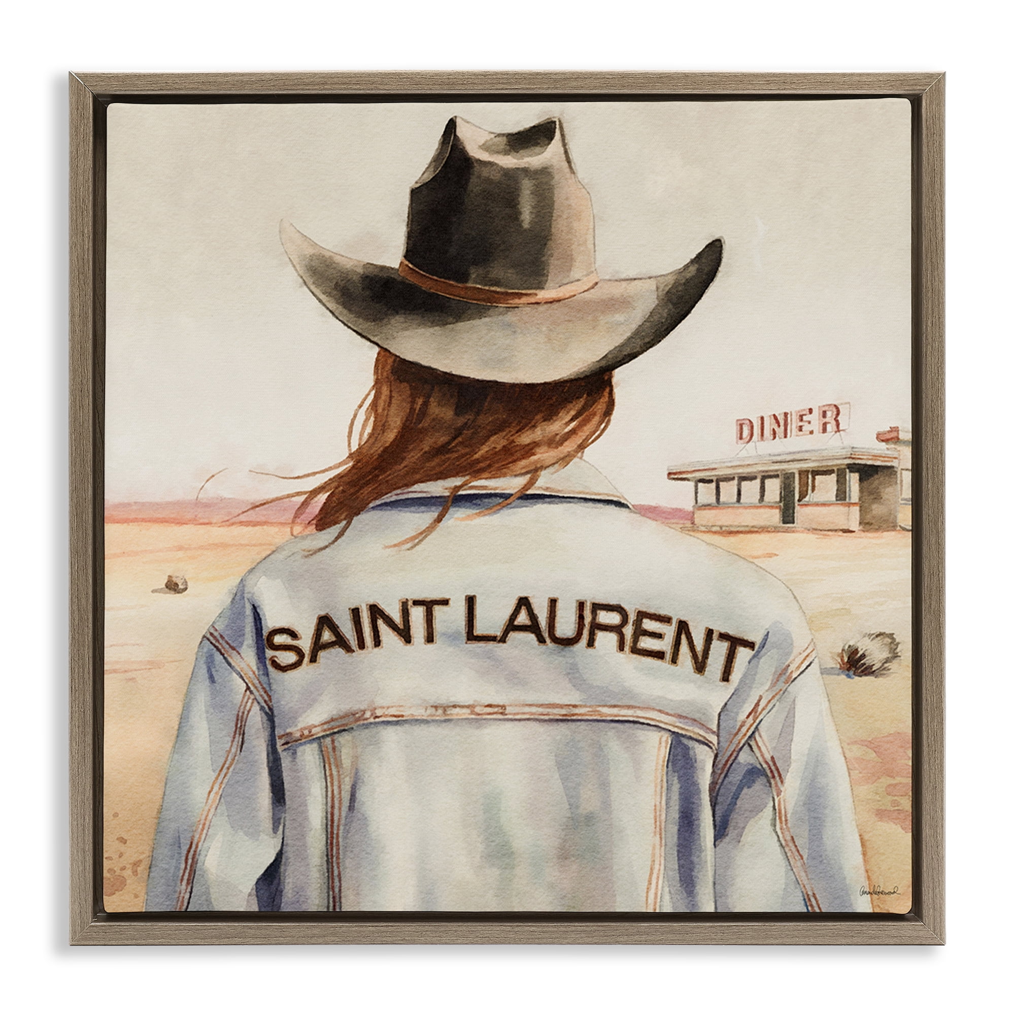 Stupell Industries Glam Brunette Cowgirl People Painting Brown Floater Framed Canvas Art Print Wall Art, 25 x 25