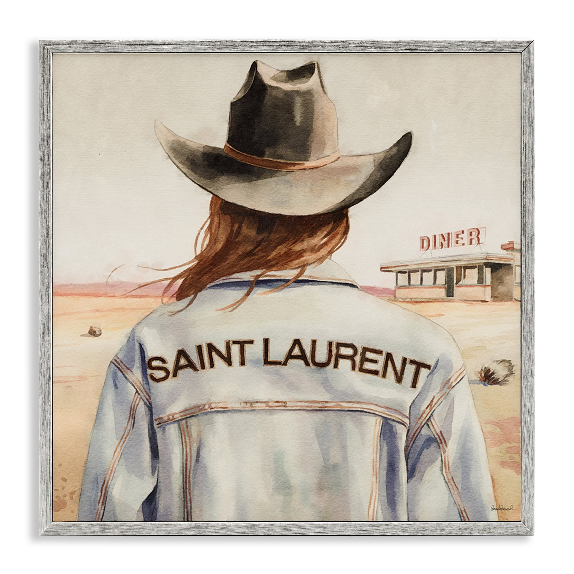 Stupell Industries Glam Brunette Cowgirl People Painting Gray Framed Art Print Wall Art, 17 x 17