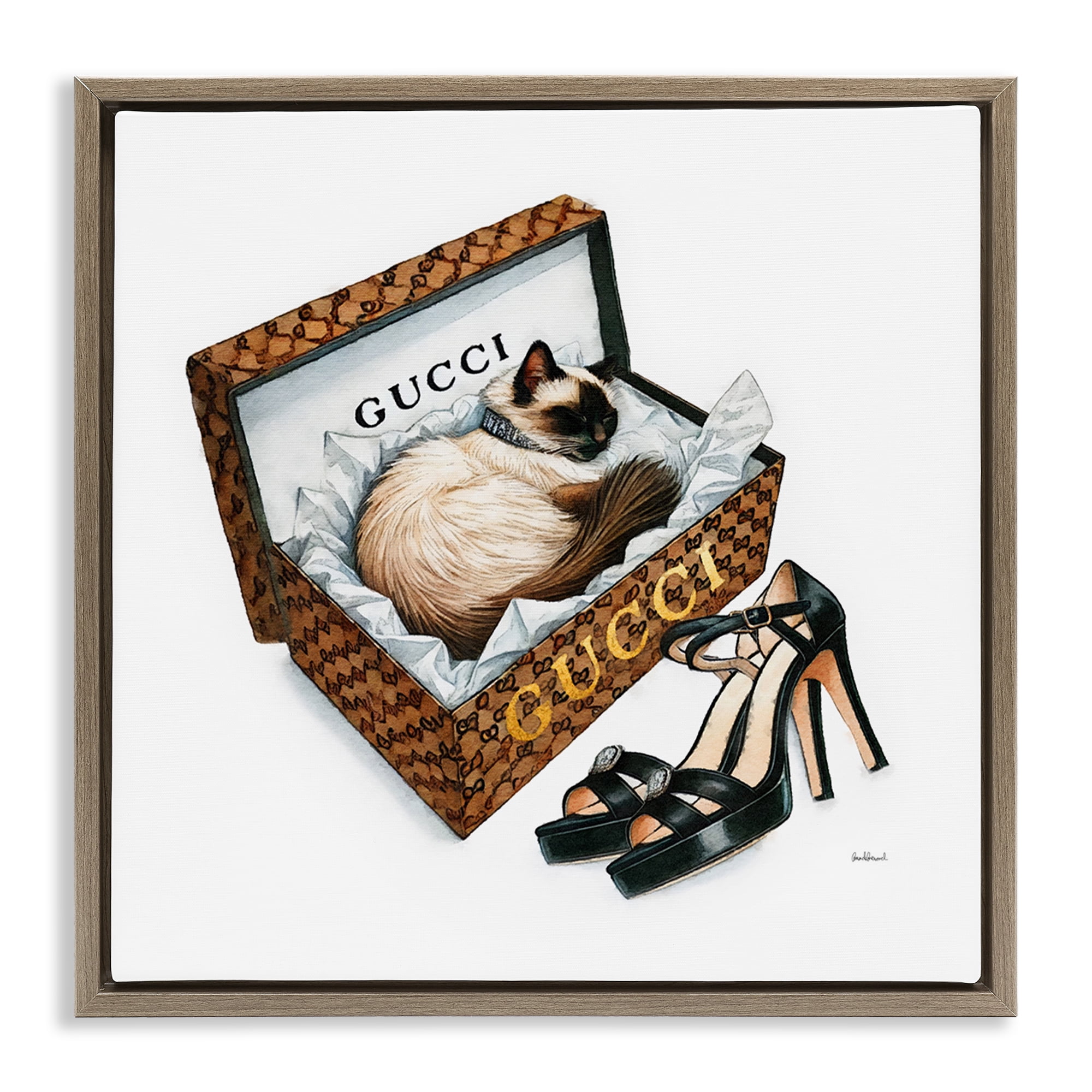 Stupell Industries Glam Cat Shoebox Animals Painting Brown Floater Framed Canvas Art Print Wall Art, 18 x 18