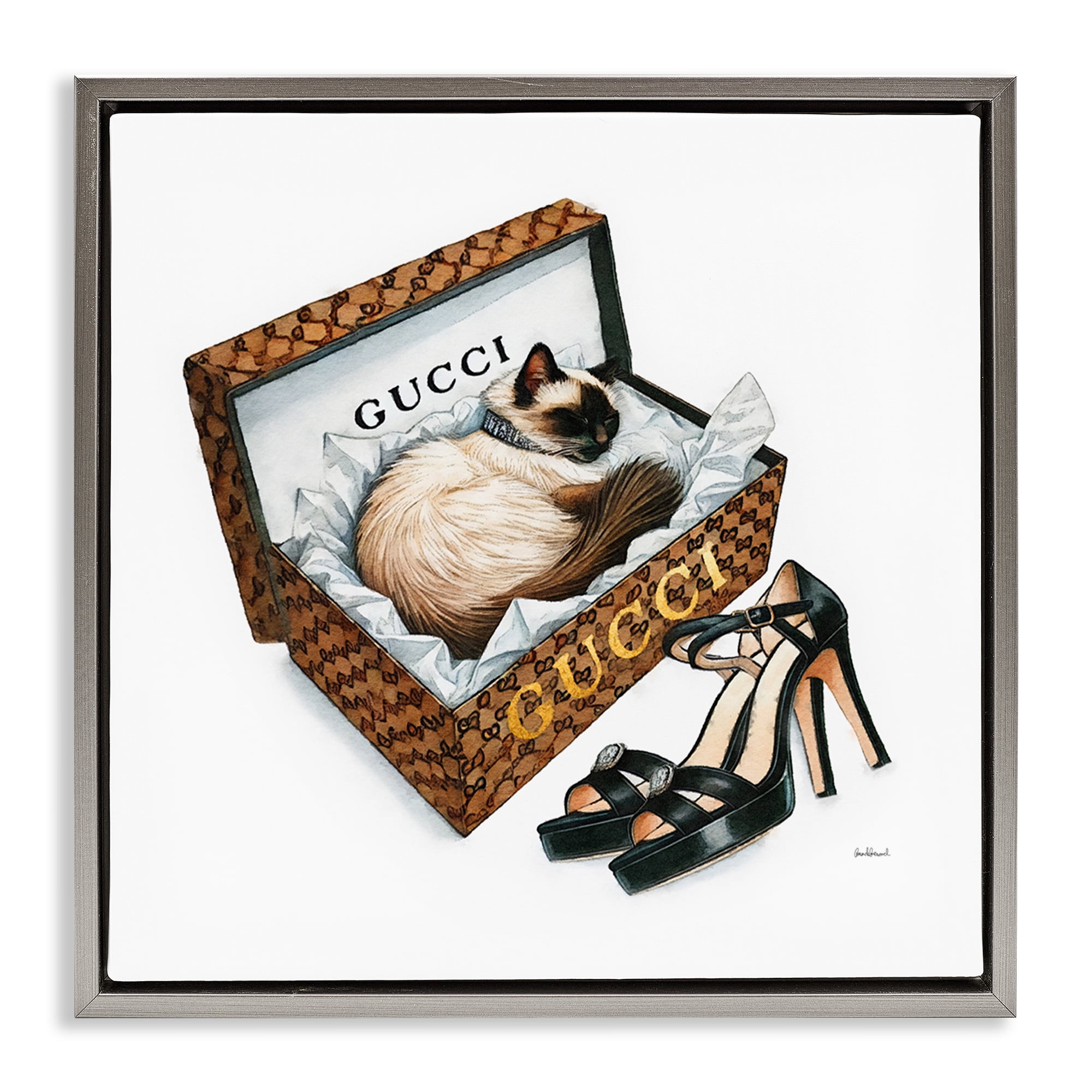 Stupell Industries Glam Cat Shoebox Animals Painting Gray Floater Framed Canvas Art Print Wall Art, 18 x 18