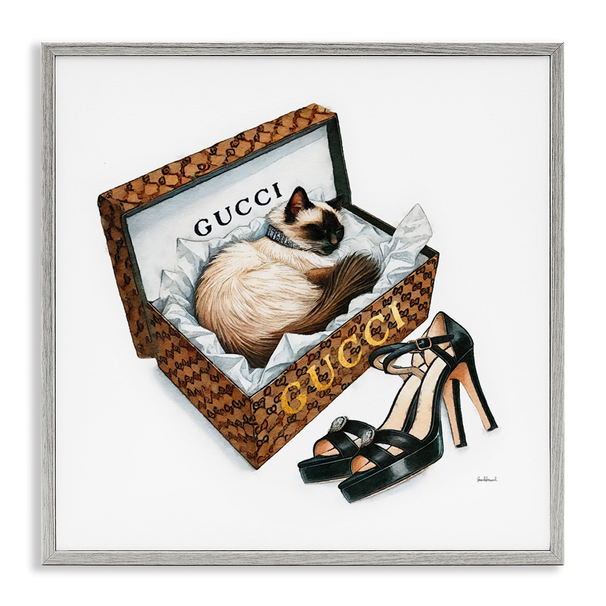 Stupell Industries Glam Cat Shoebox Animals Painting Gray Framed Art Print Wall Art, 12 x 12