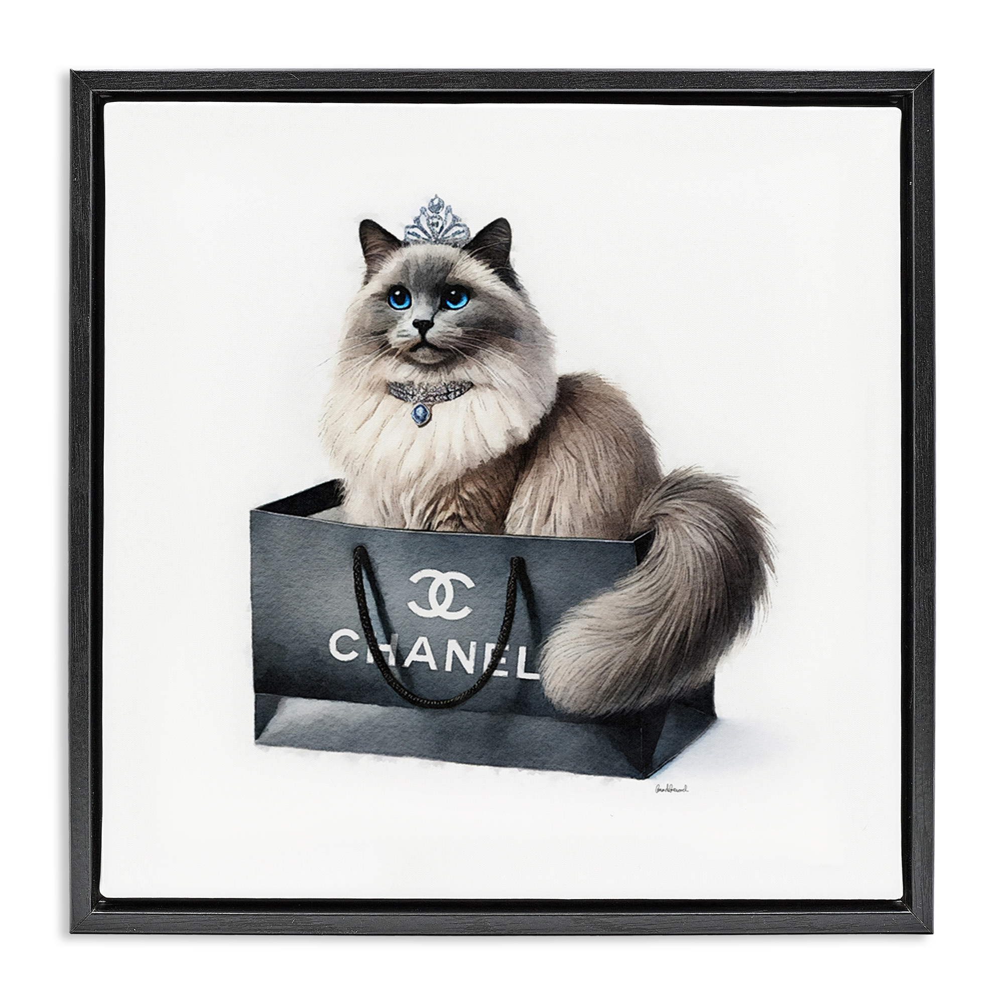Stupell Industries Glam Cat Shopping Bag Animals Painting Black Floater Framed Canvas Art Print Wall Art, 25 x 25