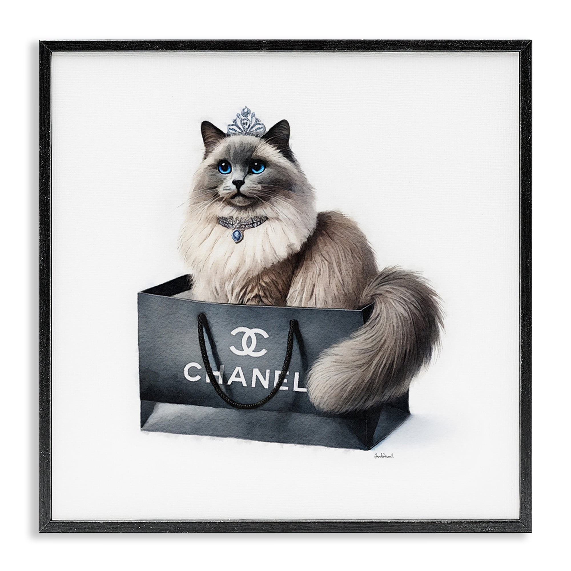 Stupell Industries Glam Cat Shopping Bag Animals Painting Black Framed Art Print Wall Art, 12 x 12