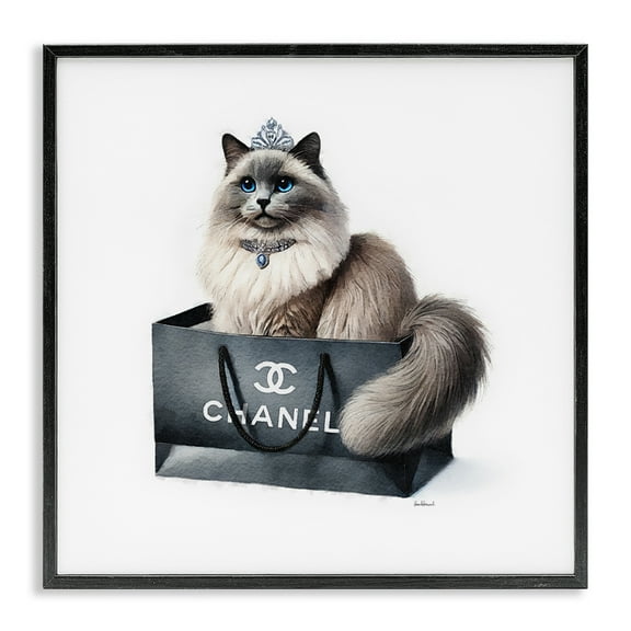 Stupell Industries Glam Cat Shopping Bag Animals Painting Black Framed Art Print Wall Art, 12 x 12