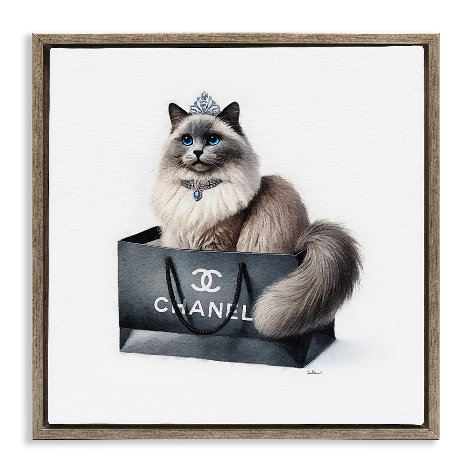 Stupell Industries Glam Cat Shopping Bag Animals Painting Brown Floater Framed Canvas Art Print Wall Art, 18 x 18