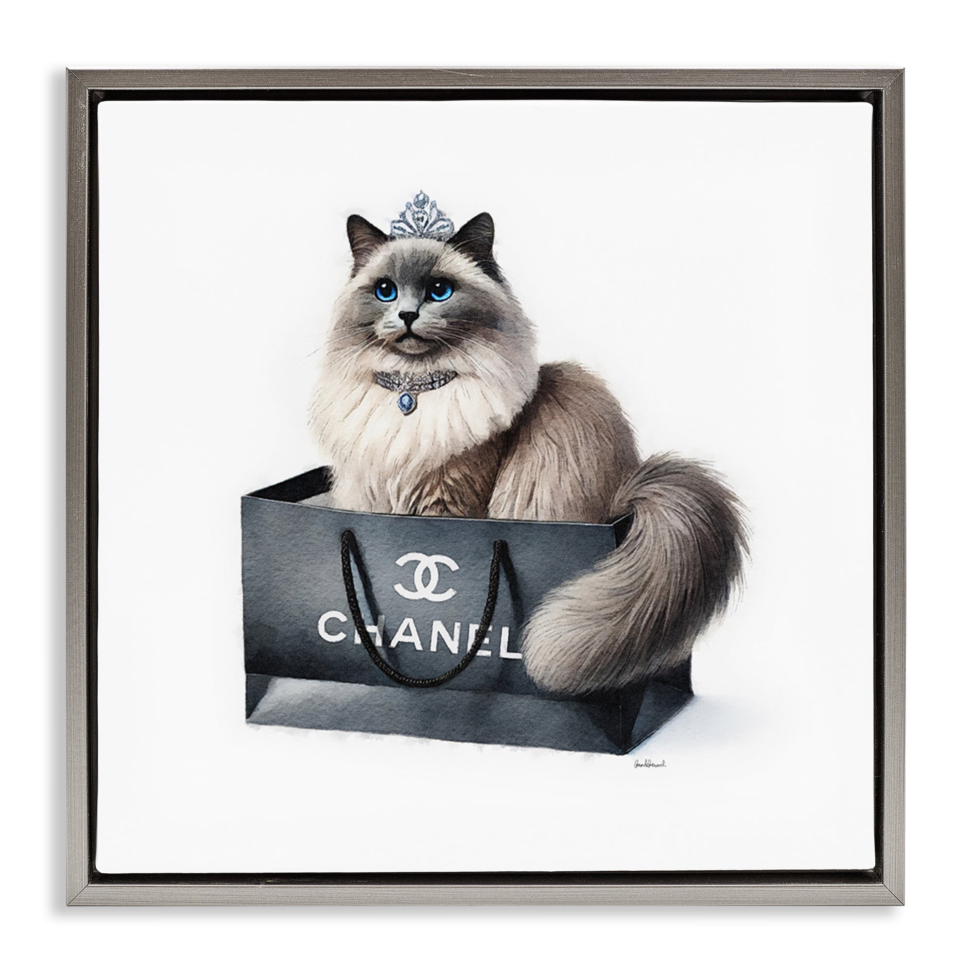 Stupell Industries Glam Cat Shopping Bag Animals Painting Gray Floater Framed Canvas Art Print Wall Art, 25 x 25