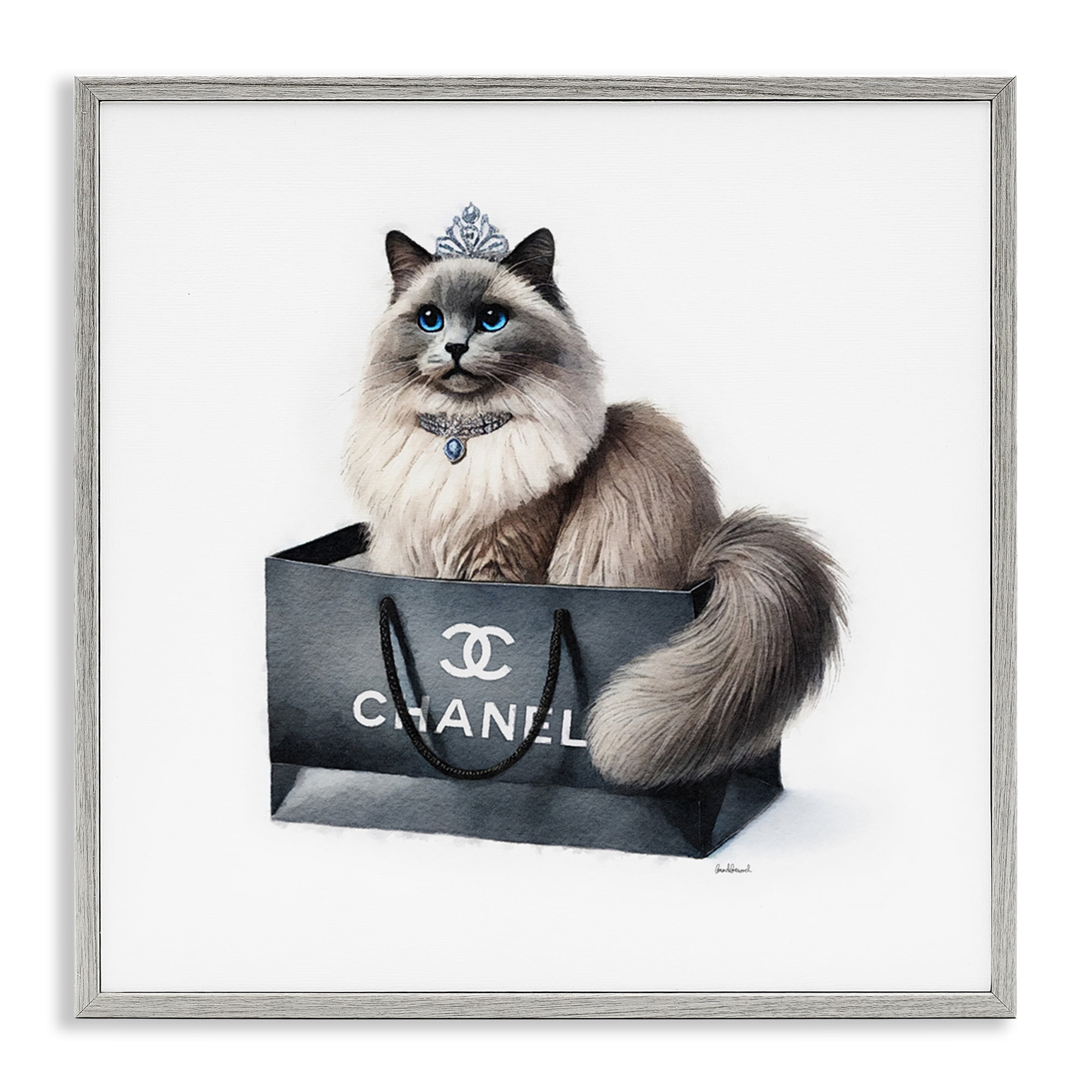 Stupell Industries Glam Cat Shopping Bag Animals Painting Gray Framed Art Print Wall Art, 12 x 12