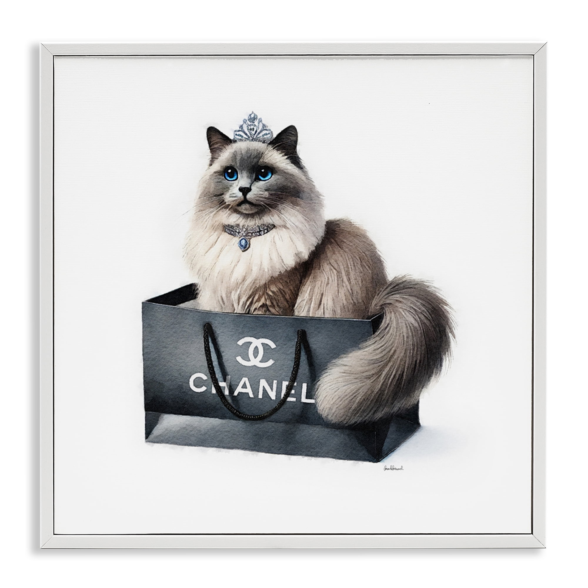 Stupell Industries Glam Cat Shopping Bag Animals Painting White Framed Art Print Wall Art, 17 x 17