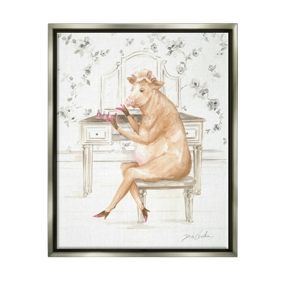 Stupell Industries Glam Cow at Vanity Animals & Insects Painting Gray Floater Framed Art Print Wall Art, 17 x 21