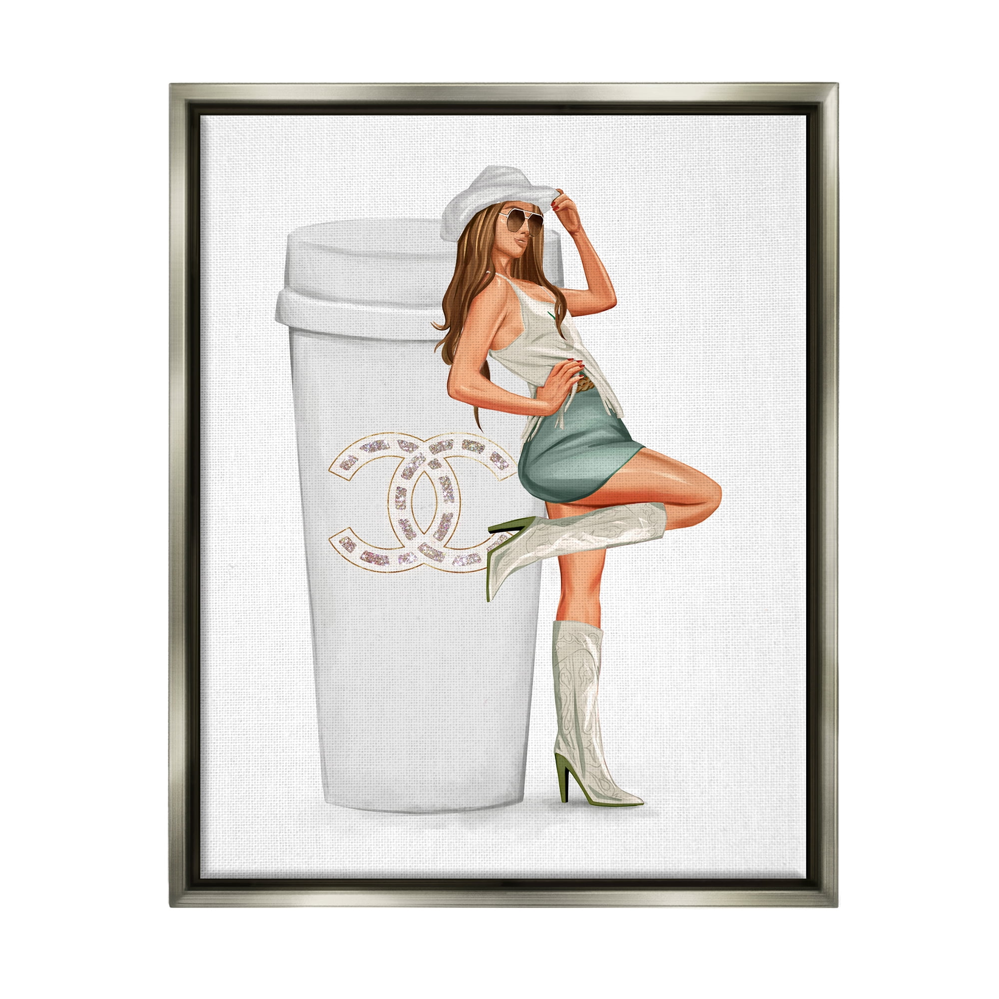 Stupell Industries Glam Cowgirl Fashion Coffee Cup Beauty & Fashion Painting Gray Floater Framed Art Print Wall Art