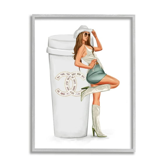 Stupell Industries Glam Cowgirl Fashion Coffee Cup Beauty & Fashion Painting Gray Framed Art Print Wall Art