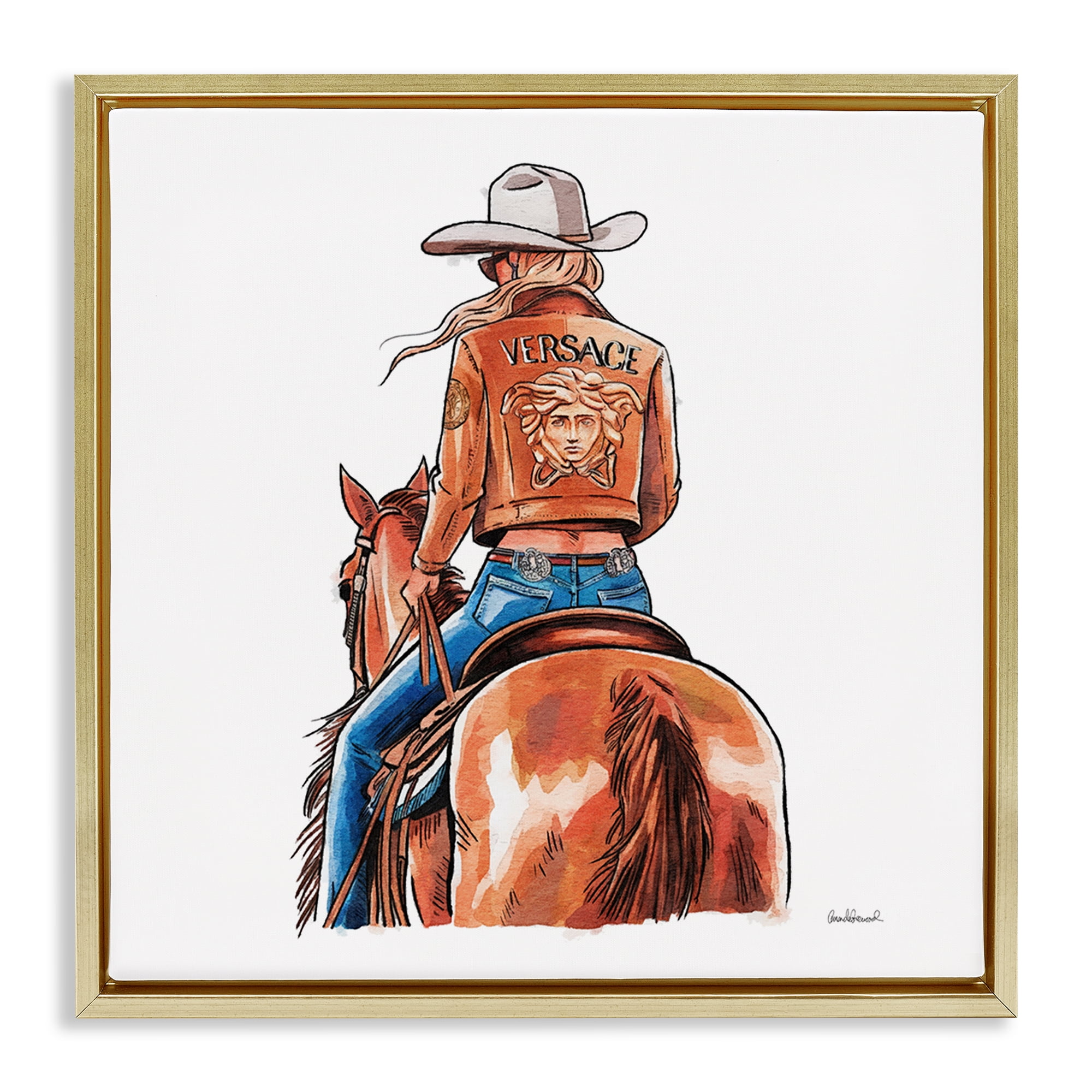 Stupell Industries Glam Cowgirl Jockey People Painting Gold Floater Framed Canvas Art Print Wall Art, 25 x 25