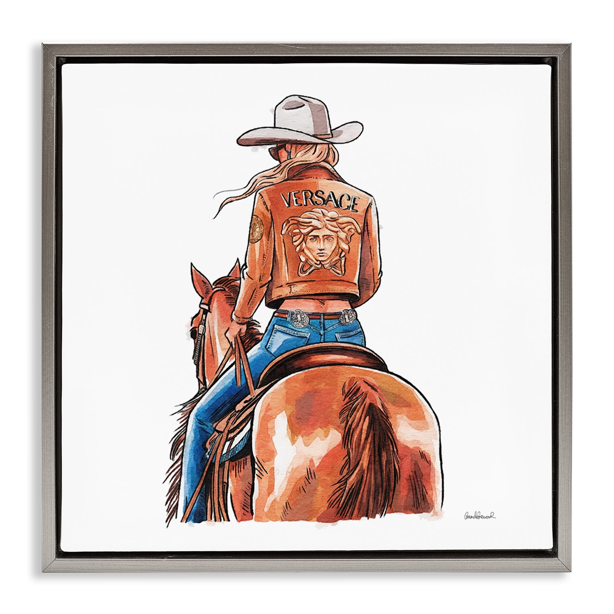 Stupell Industries Glam Cowgirl Jockey People Painting Gray Floater Framed Canvas Art Print Wall Art, 25 x 25