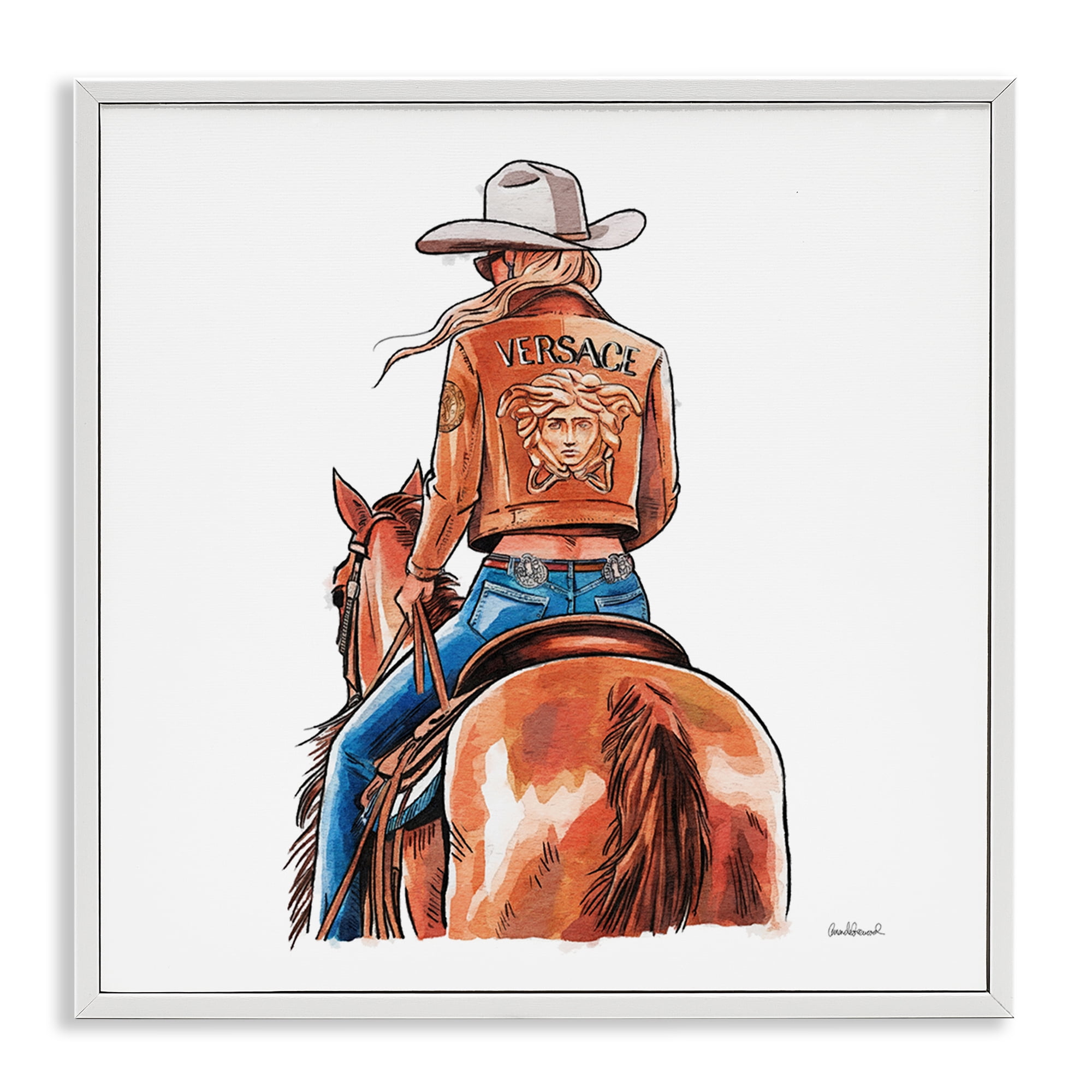 Stupell Industries Glam Cowgirl Jockey People Painting White Framed Art Print Wall Art, 24 x 24