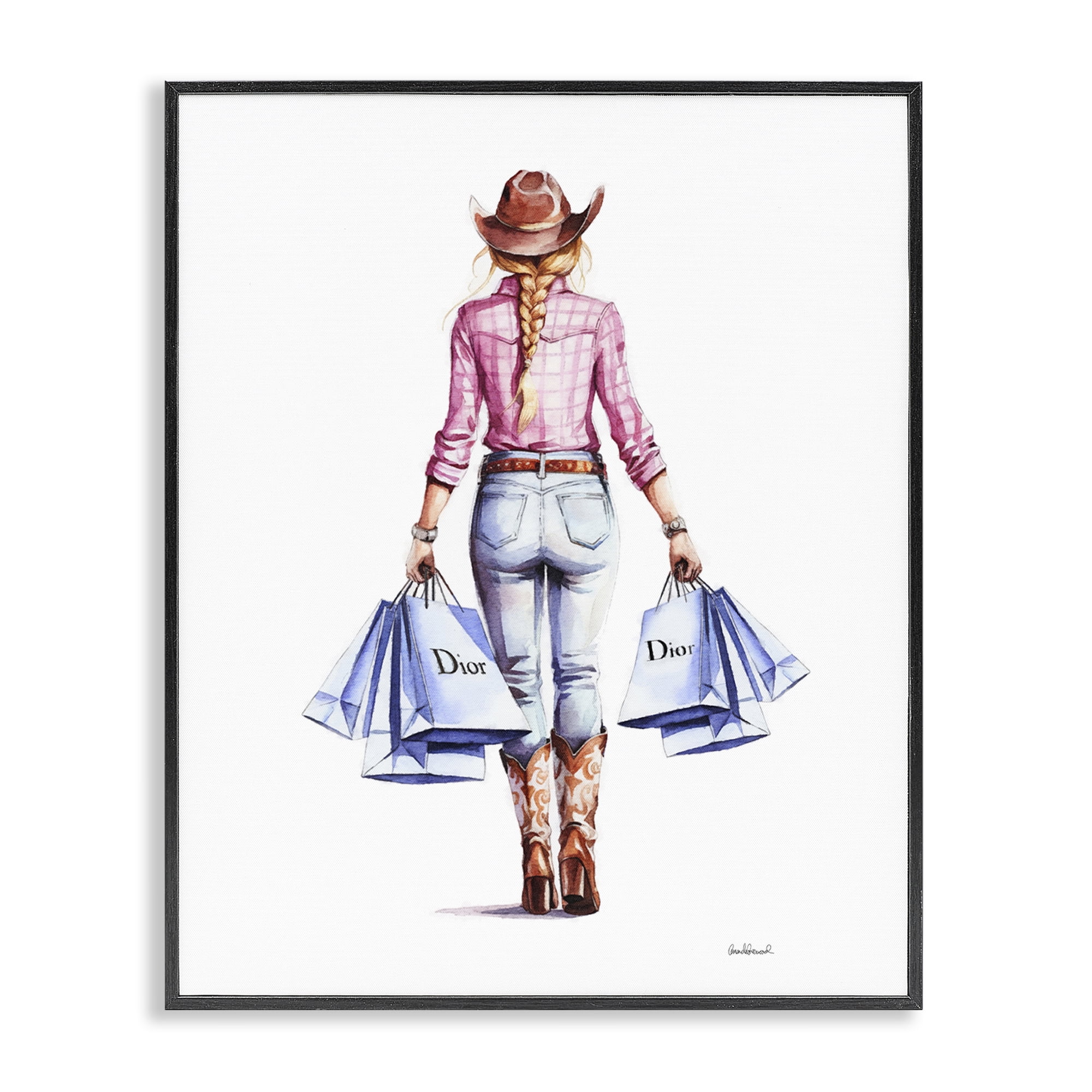 Stupell Industries Glam Cowgirl Pink Plaid People Painting Black Framed Art Print Wall Art, 24 x 30