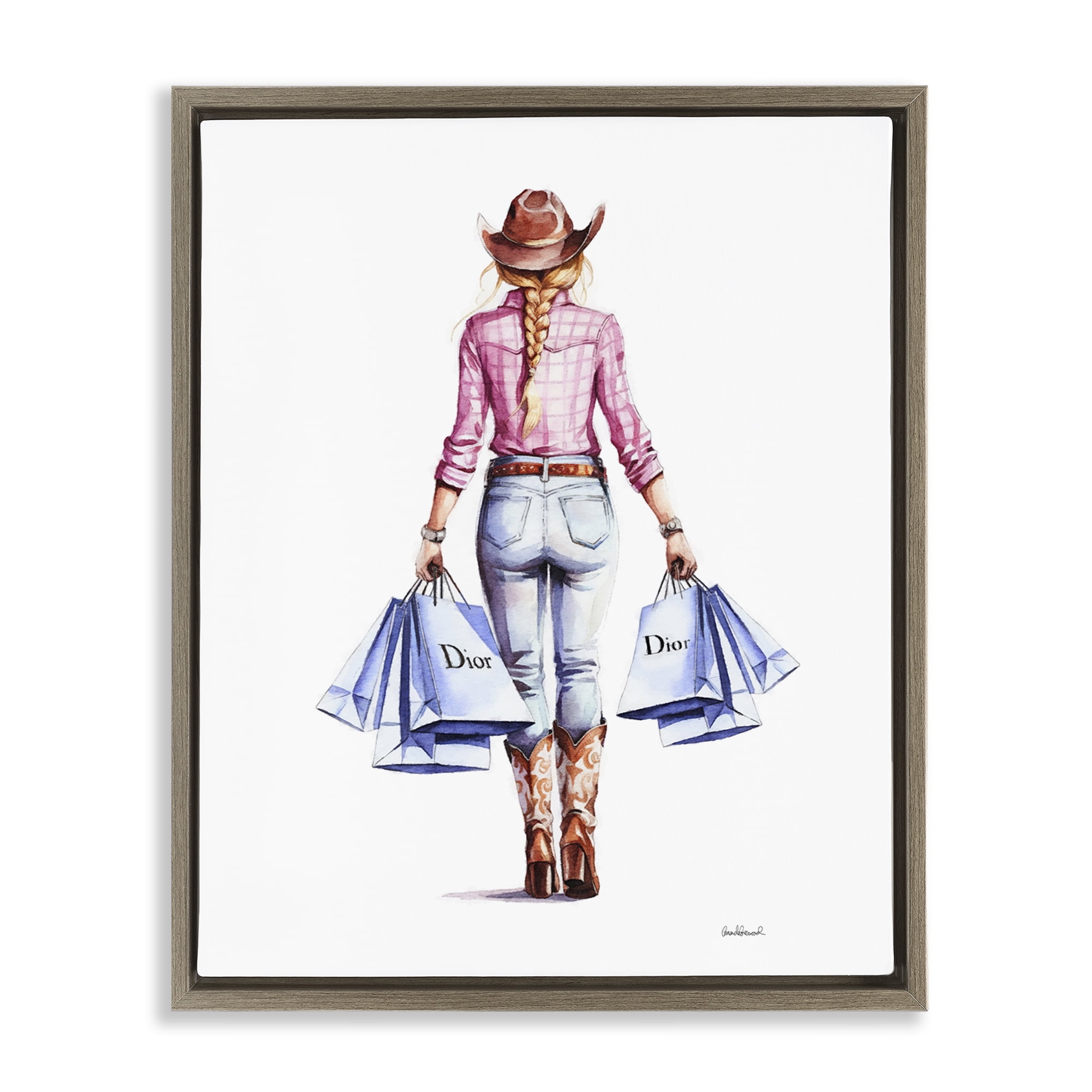 Stupell Industries Glam Cowgirl Pink Plaid People Painting Brown Floater Framed Canvas Art Print Wall Art, 25 x 31