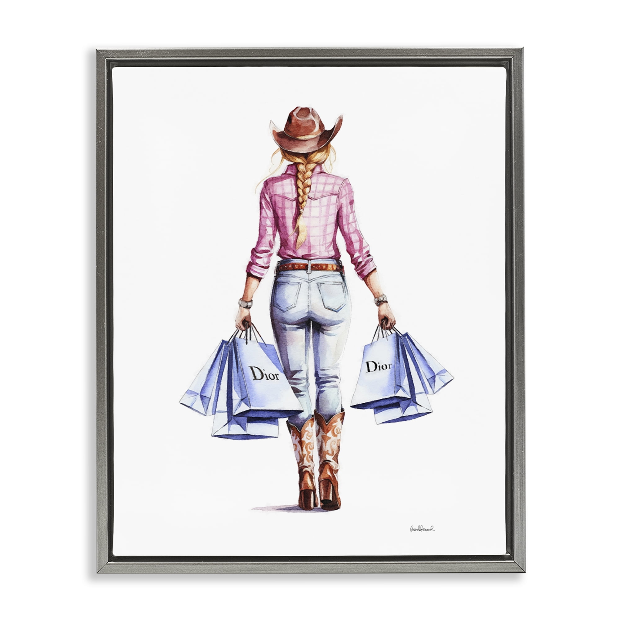 Stupell Industries Glam Cowgirl Pink Plaid People Painting Gray Floater Framed Canvas Art Print Wall Art, 17 x 21