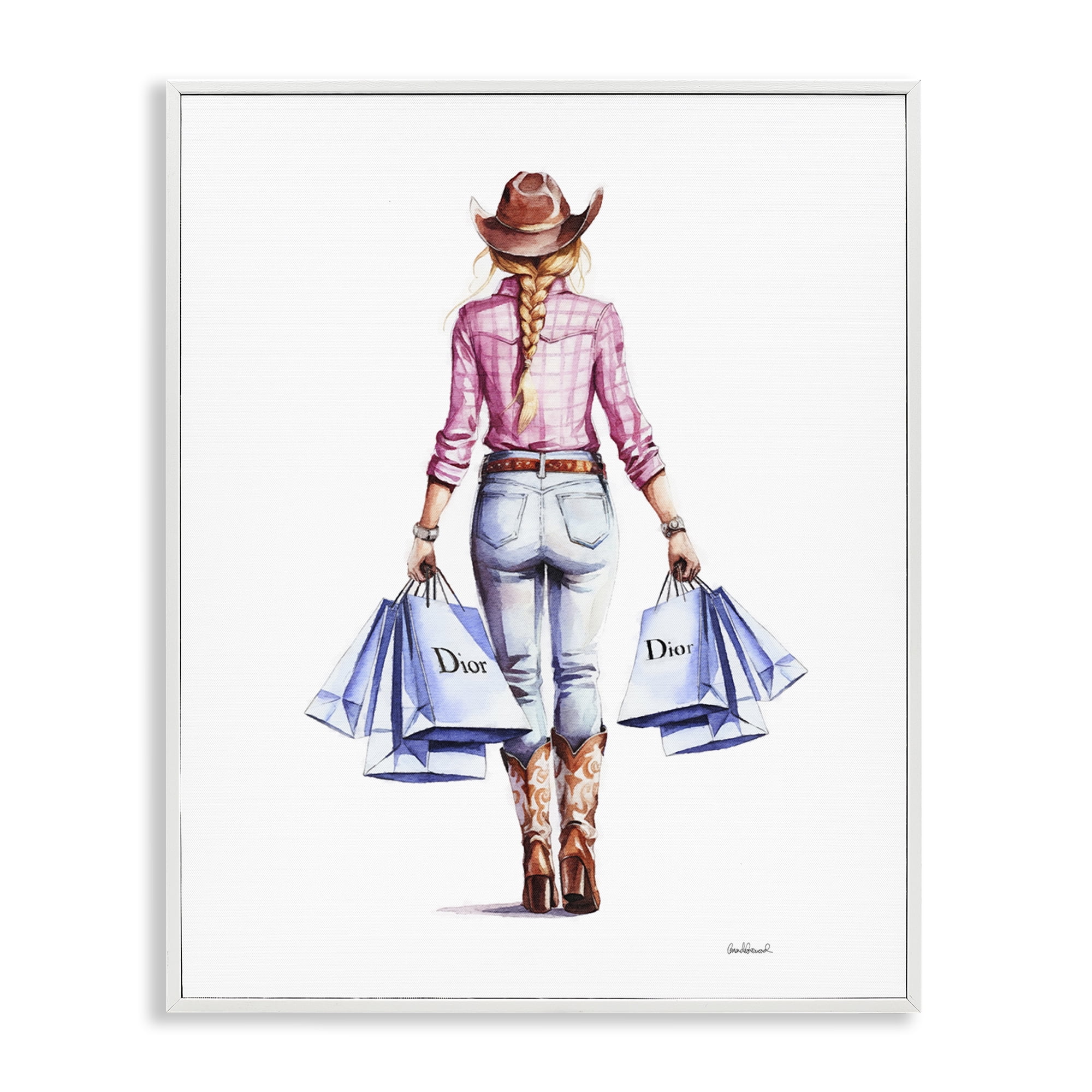 Stupell Industries Glam Cowgirl Pink Plaid People Painting White Framed Art Print Wall Art, 11 x 14