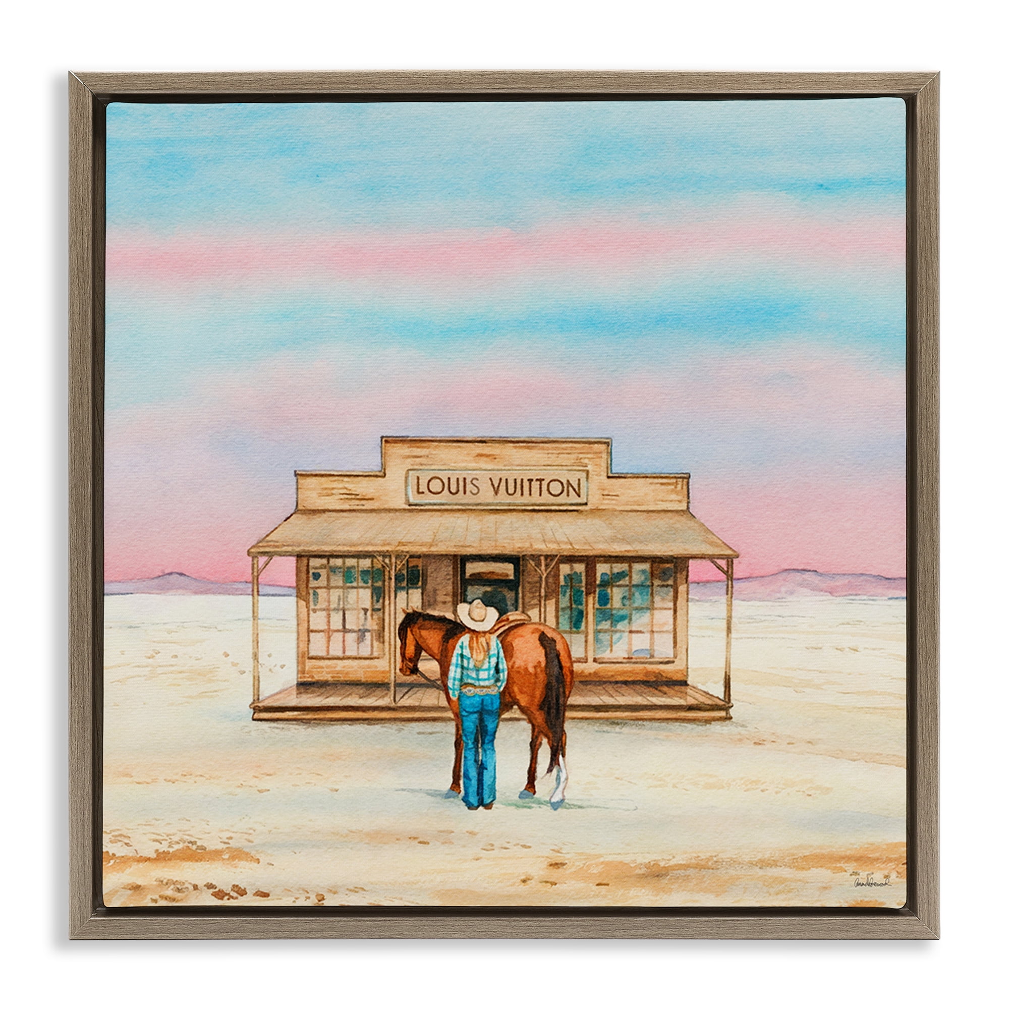 Stupell Industries Glam Cowgirl Shopping Fashion Painting Brown Floater Framed Canvas Art Print Wall Art, 18 x 18