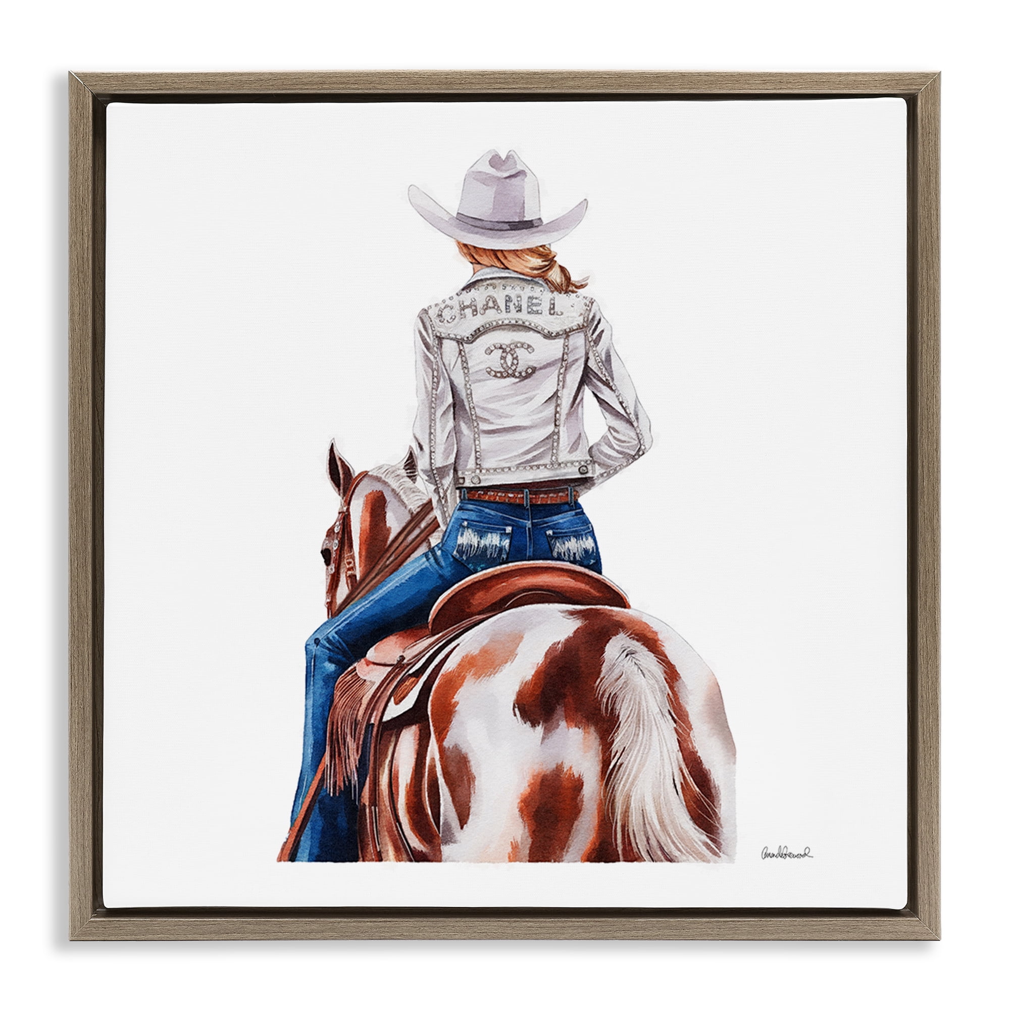 Stupell Industries Glam Cowgirl Spotted Horse People Painting Brown Floater Framed Canvas Art Print Wall Art, 25 x 25