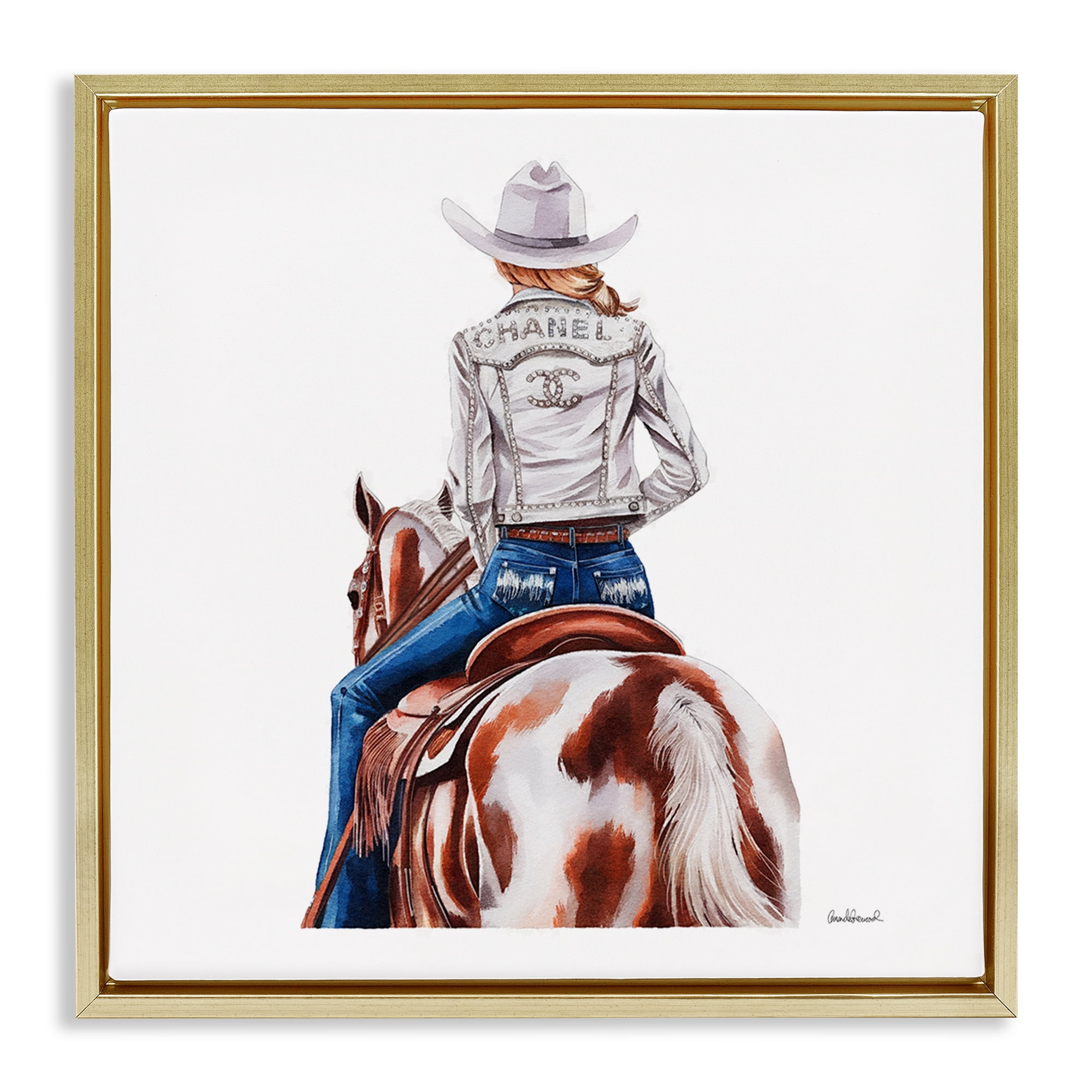 Stupell Industries Glam Cowgirl Spotted Horse People Painting Gold Floater Framed Canvas Art Print Wall Art, 18 x 18