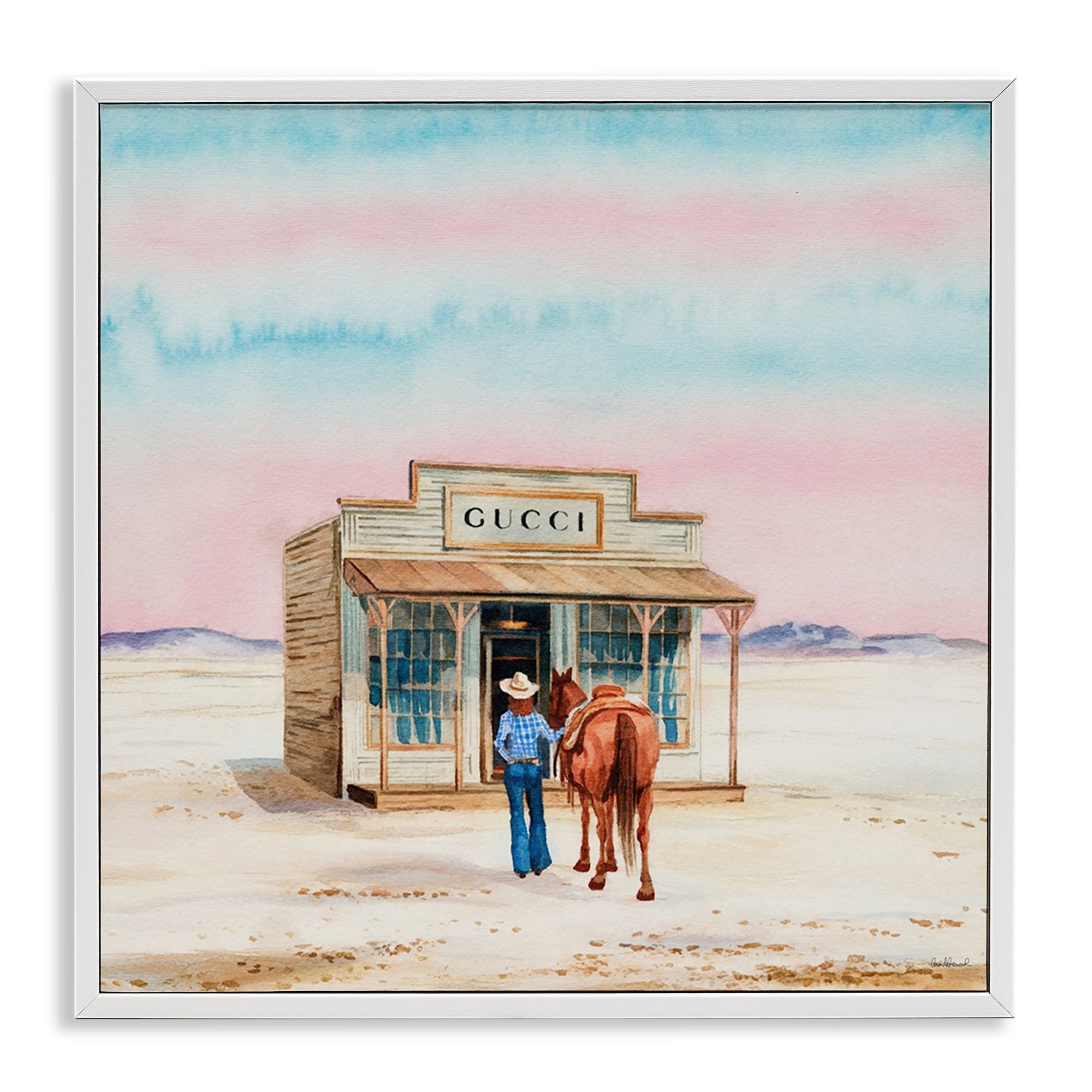 Stupell Industries Glam Cowgirl at Desert Shop Fashion Painting White Framed Art Print Wall Art, 24 x 24