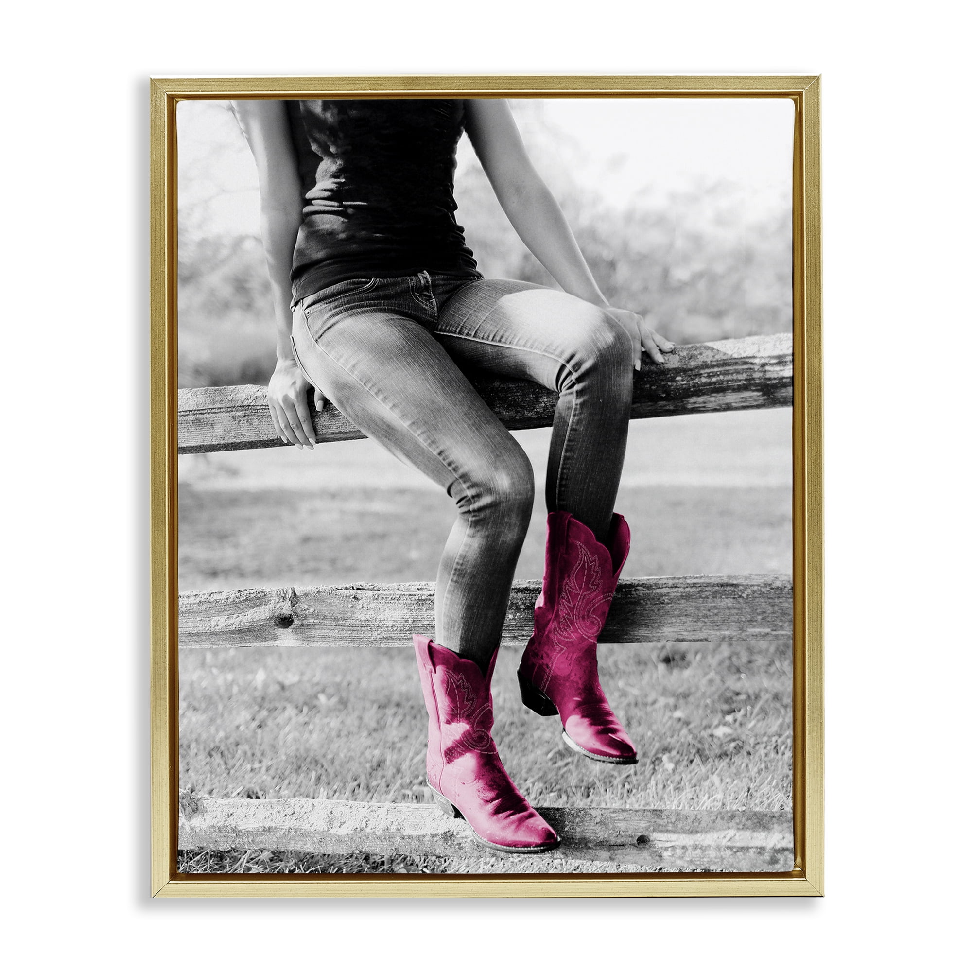 Stupell Industries Glam Cowgirl in Boots Novelty Painting Gold Floater Framed Canvas Art Print Wall Art, 17 x 21