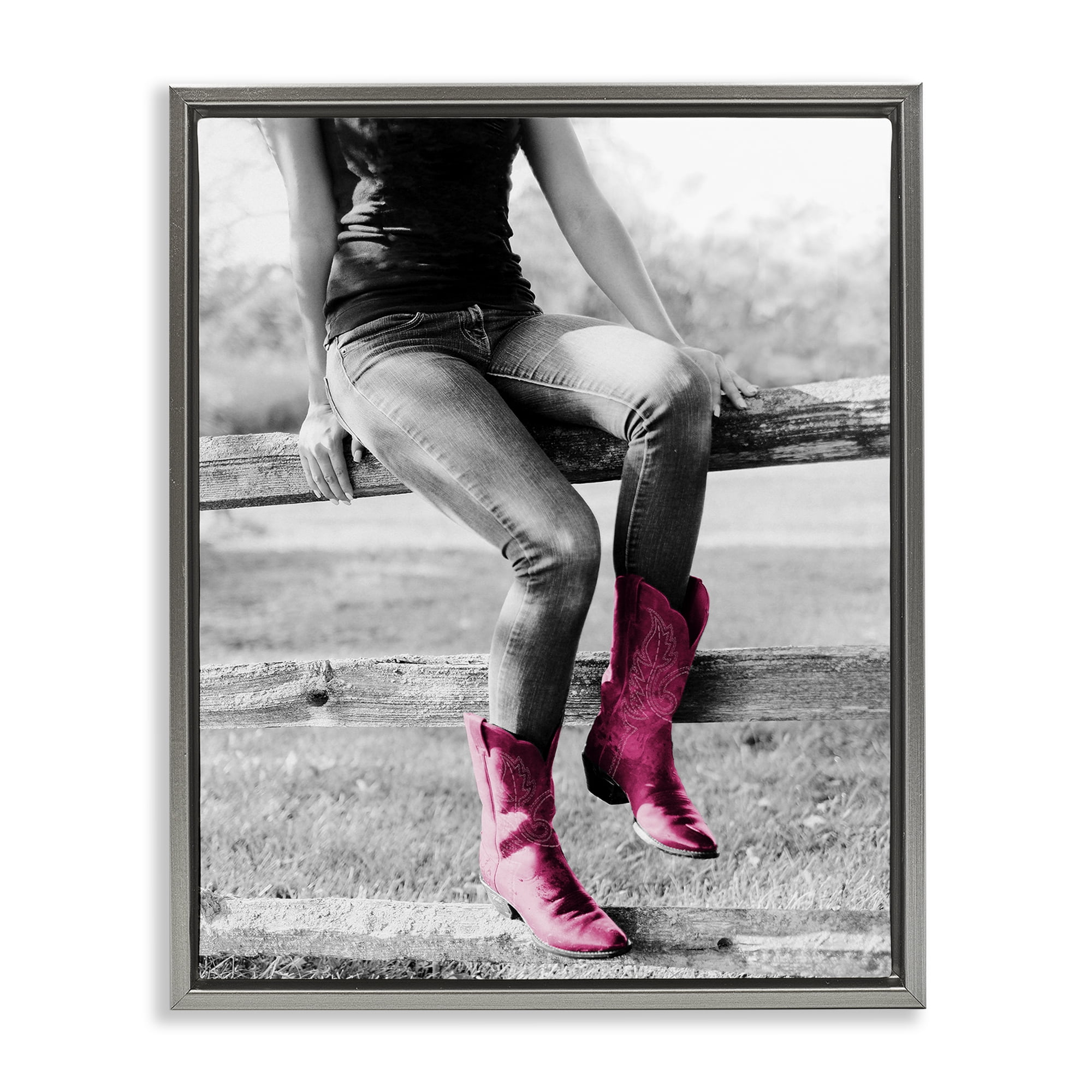 Stupell Industries Glam Cowgirl in Boots Novelty Painting Gray Floater Framed Canvas Art Print Wall Art, 17 x 21