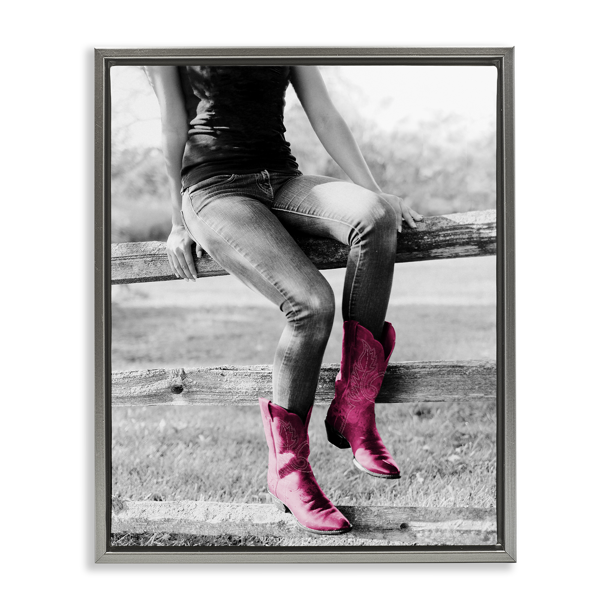 Stupell Industries Glam Cowgirl in Boots Novelty Painting Gray Floater Framed Canvas Art Print Wall Art, 25 x 31