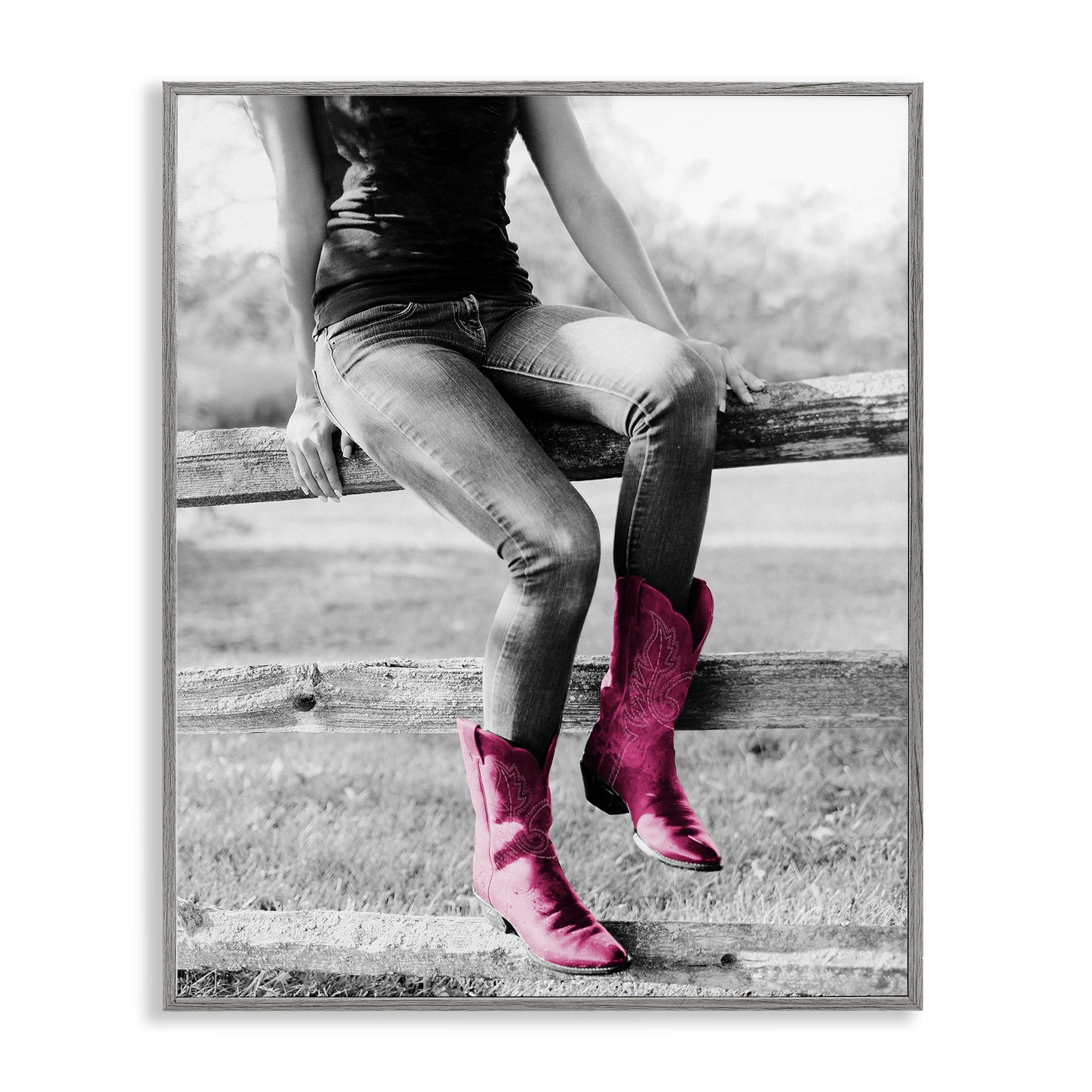 Stupell Industries Glam Cowgirl in Boots Novelty Painting Gray Framed Art Print Wall Art, 16 x 20